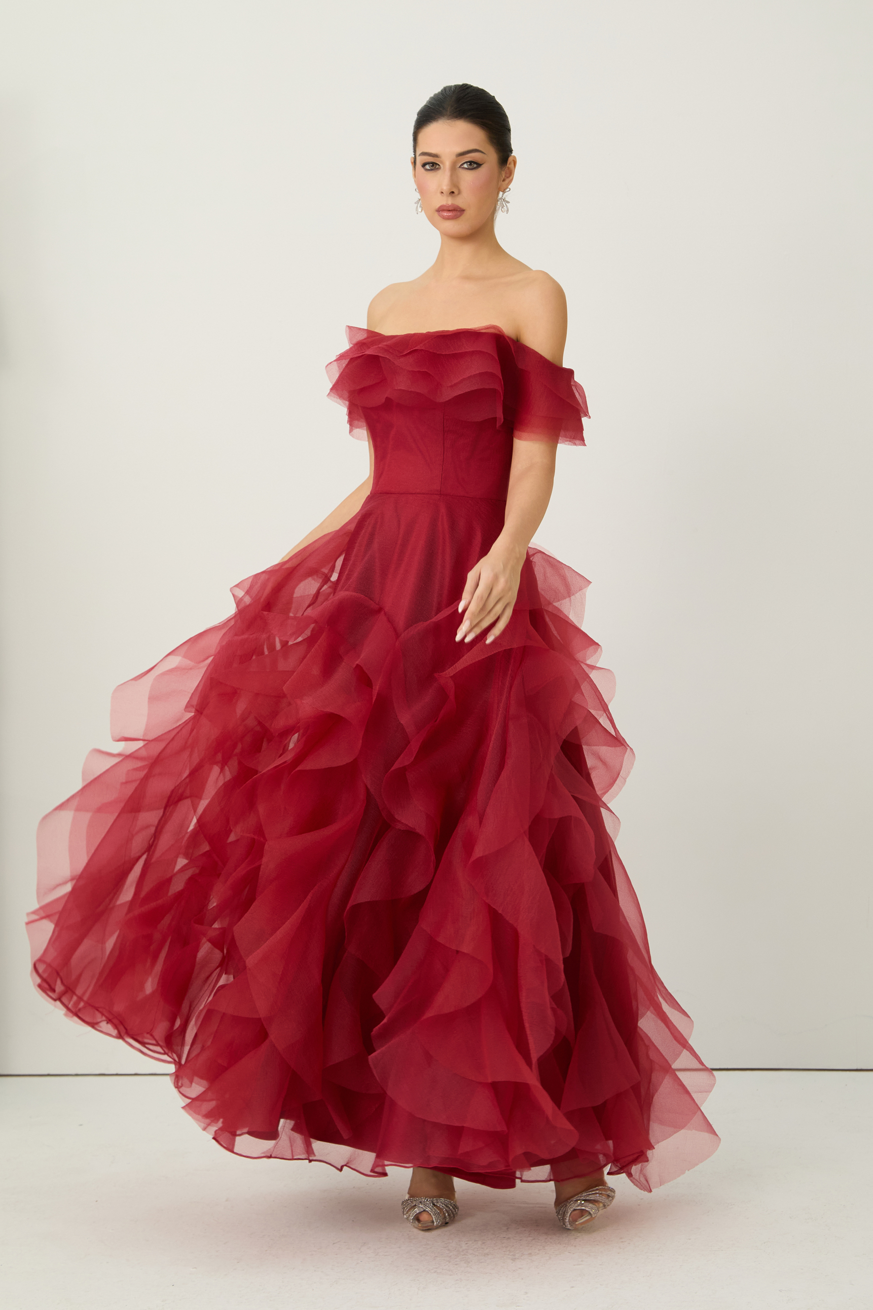 Truly Extraordinary Burgundy Off Shoulder Tiered Ruffle Organza Maxi Dress