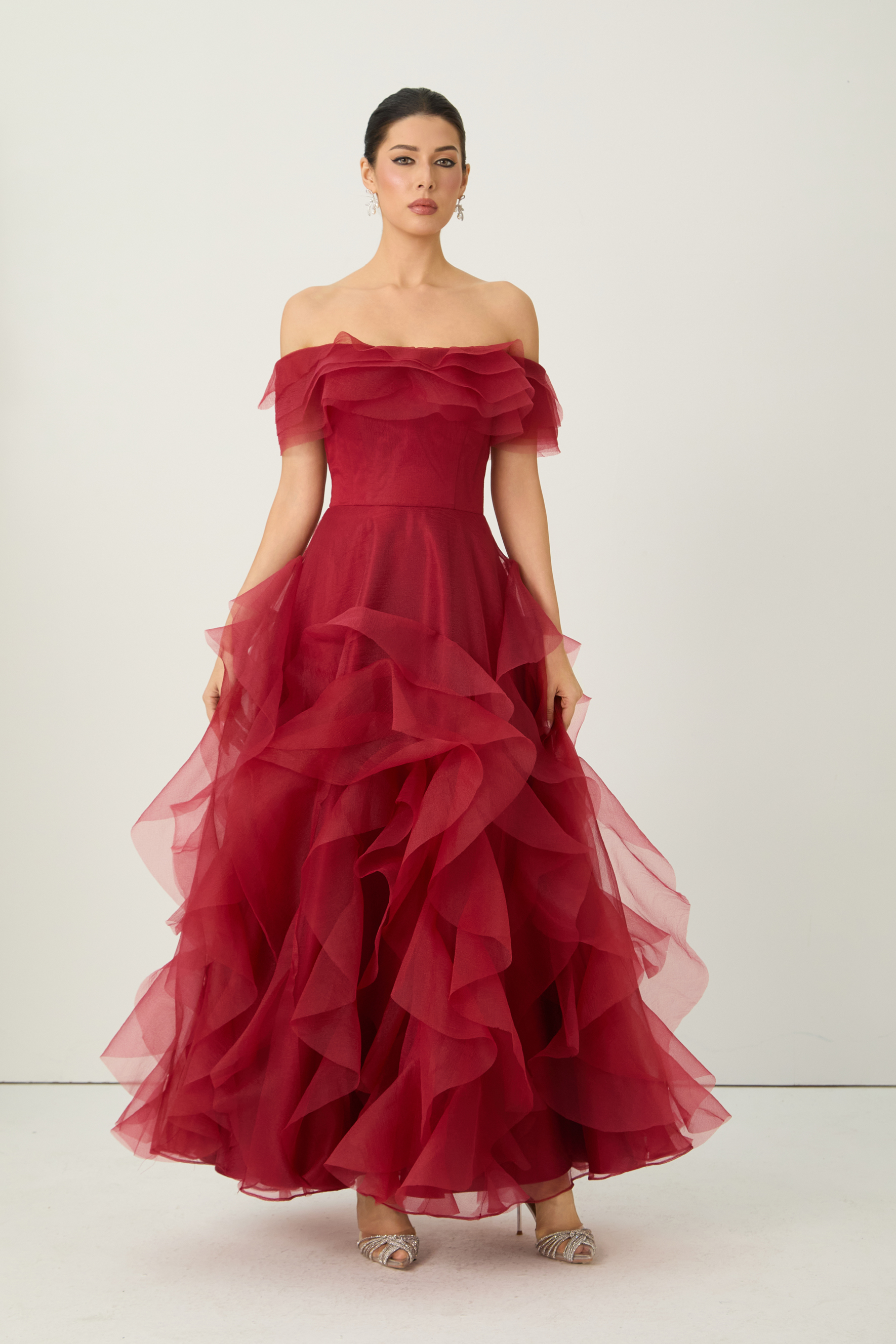 Truly Extraordinary Burgundy Off Shoulder Tiered Ruffle Organza Maxi Dress