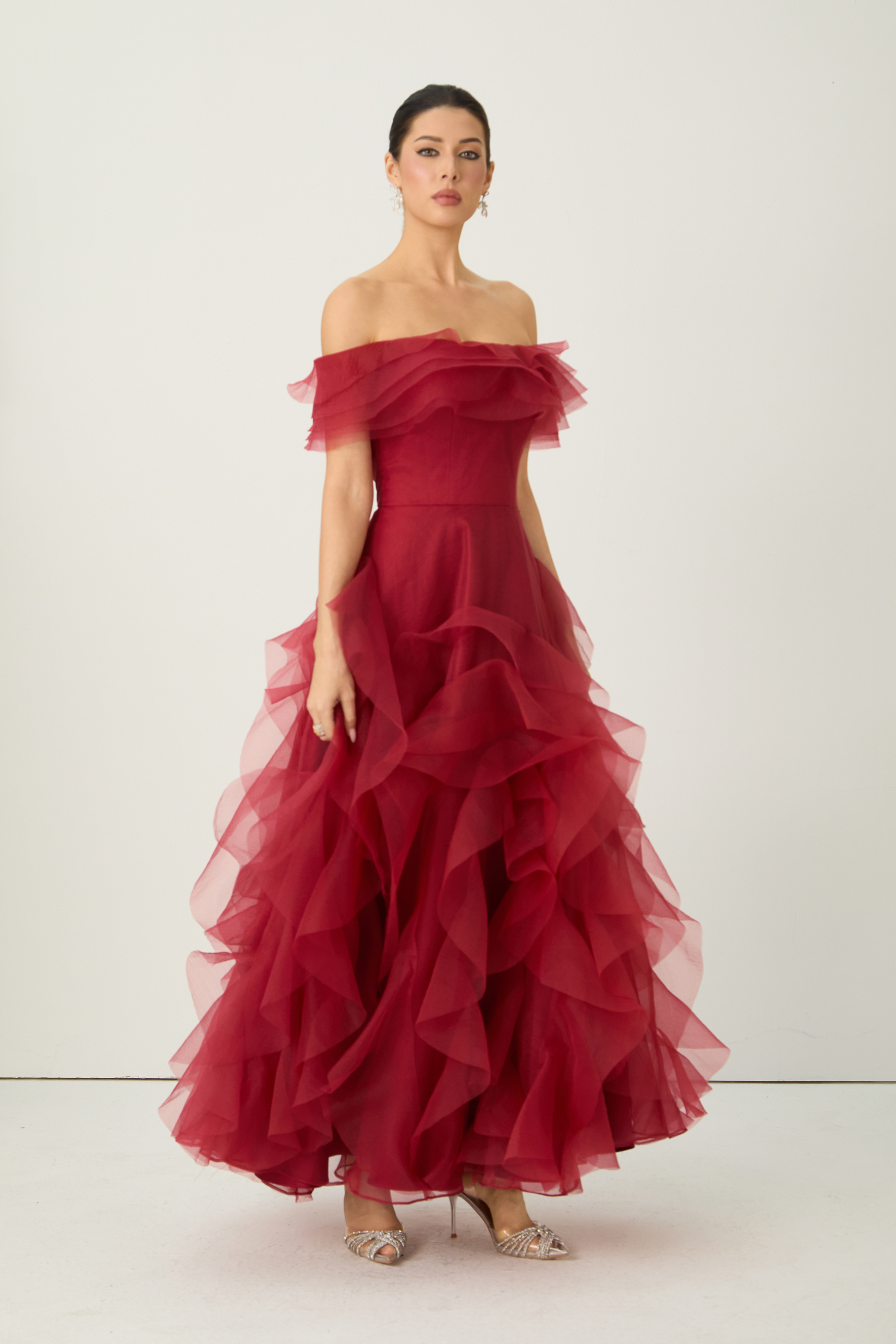 Truly Extraordinary Burgundy Off Shoulder Tiered Ruffle Organza Maxi Dress