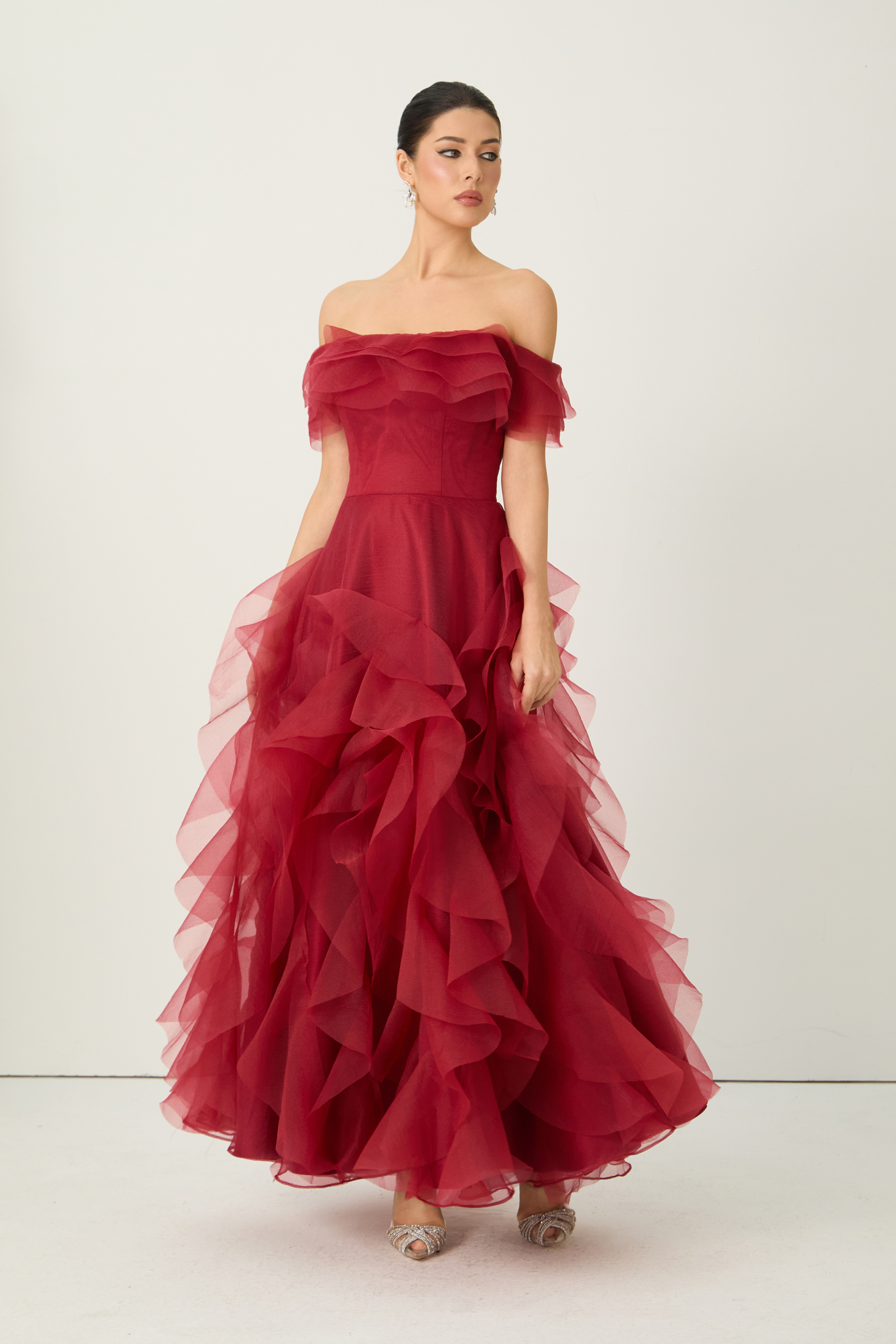 Truly Extraordinary Burgundy Off Shoulder Tiered Ruffle Organza Maxi Dress