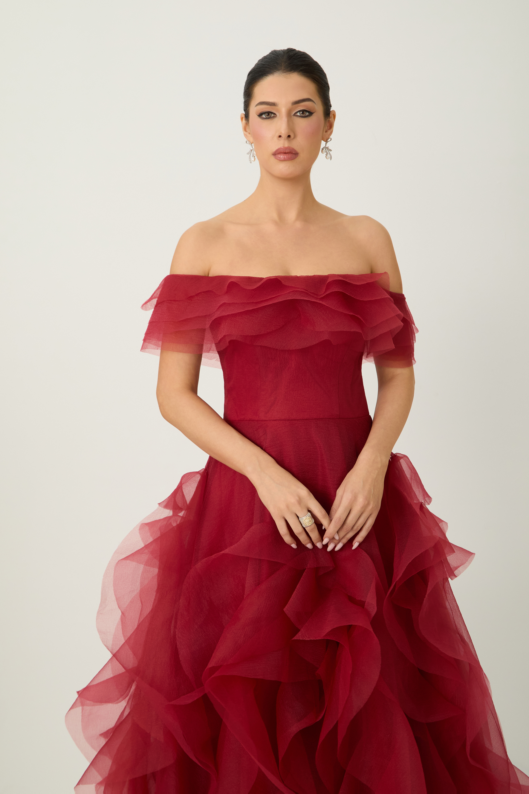 Truly Extraordinary Burgundy Off Shoulder Tiered Ruffle Organza Maxi Dress