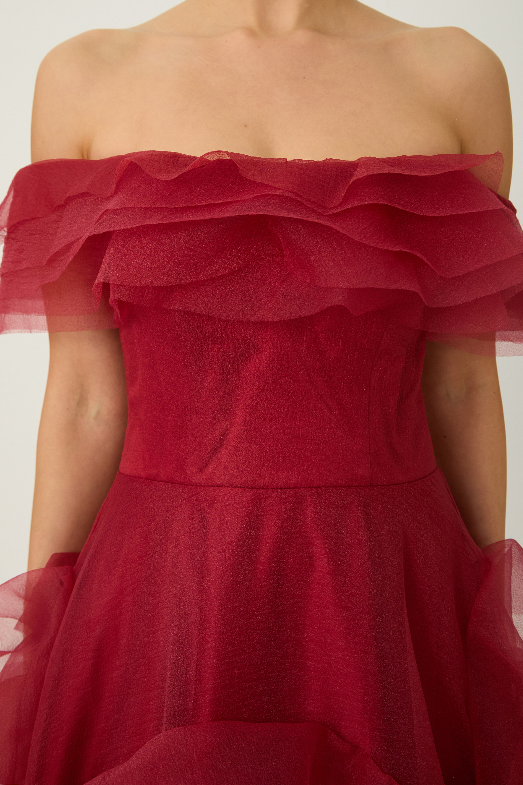 Truly Extraordinary Burgundy Off Shoulder Tiered Ruffle Organza Maxi Dress