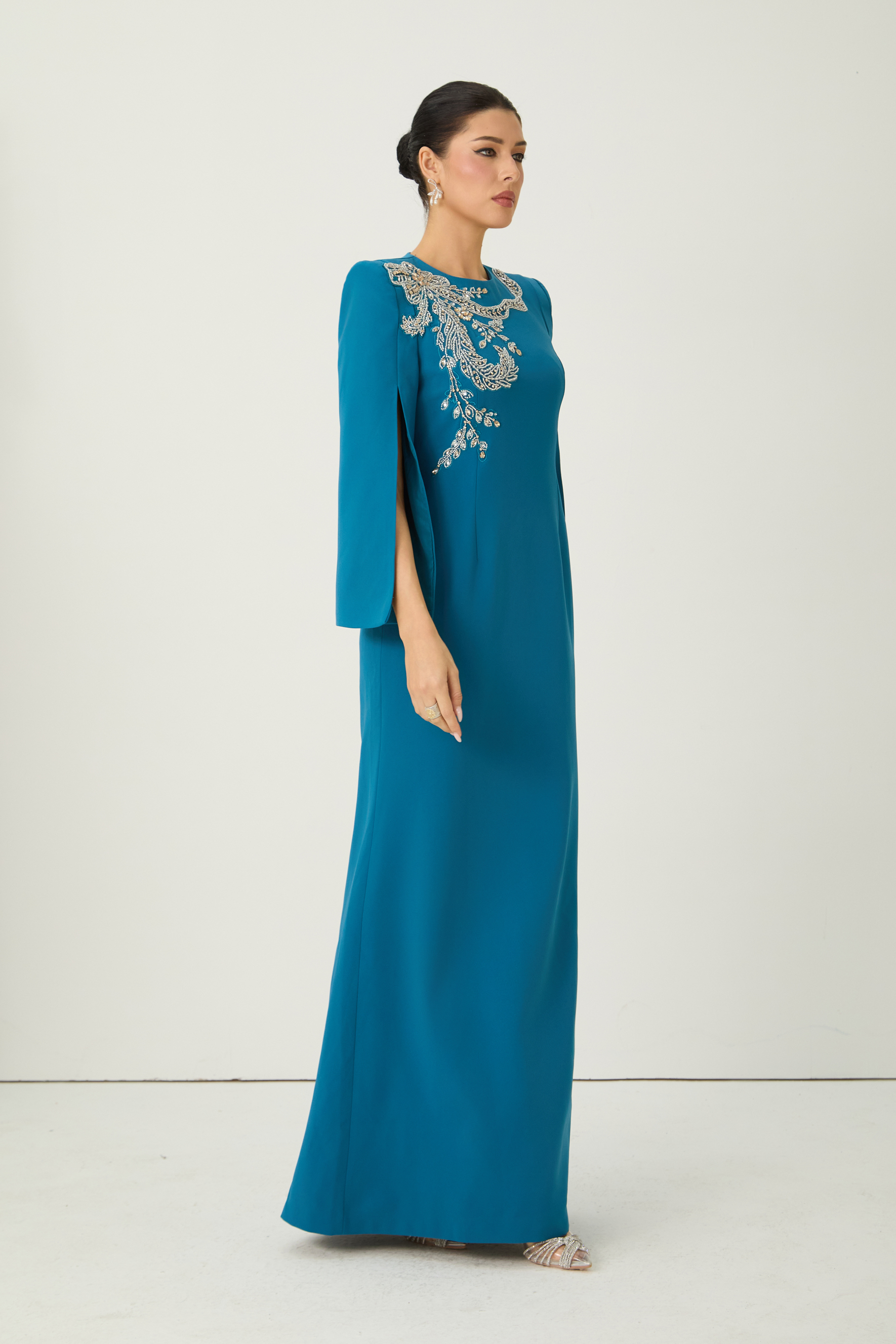 Marvelous Darling Blue Beaded Embroidery Split Cape Sleeve Maxi Dress