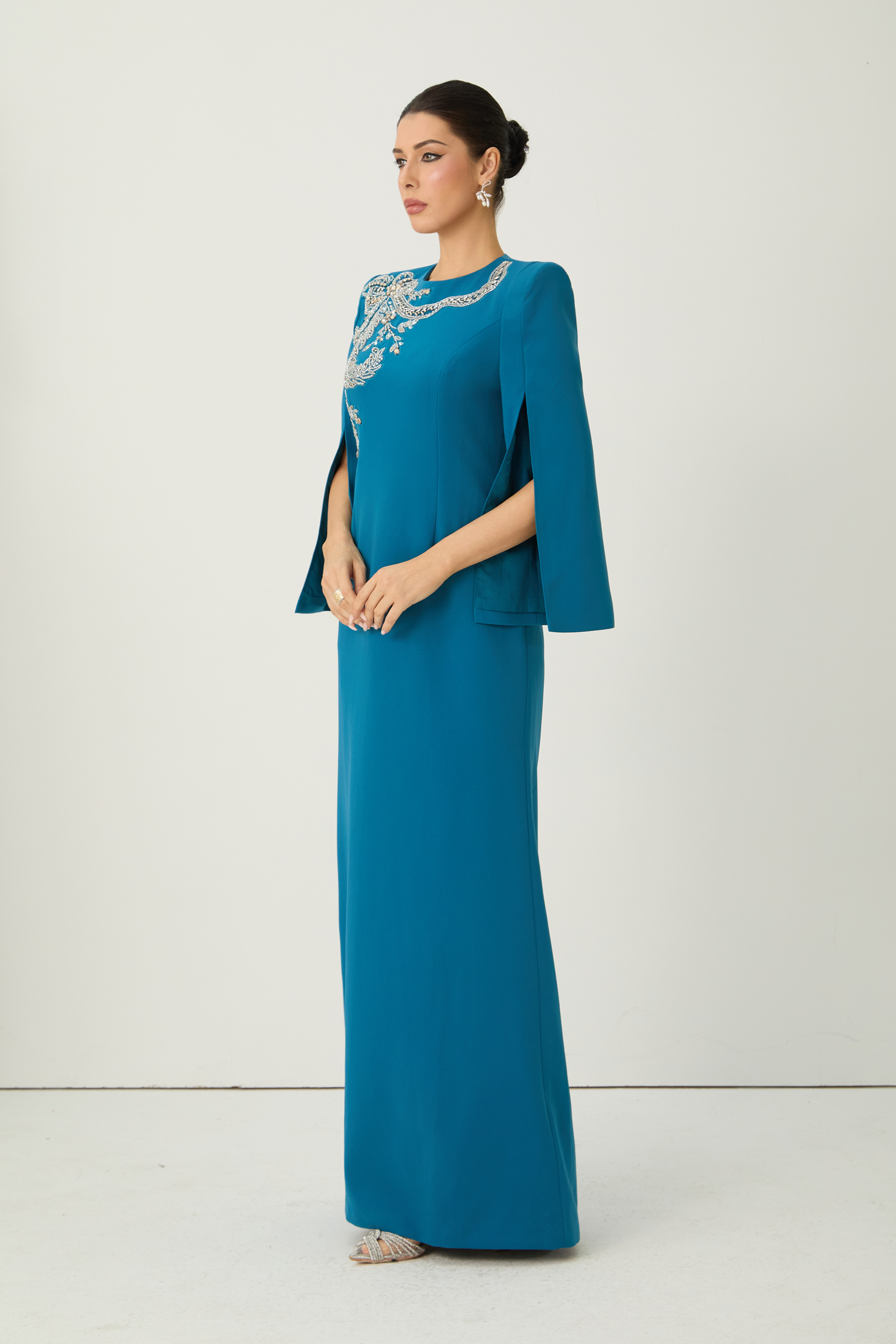 Marvelous Darling Blue Beaded Embroidery Split Cape Sleeve Maxi Dress