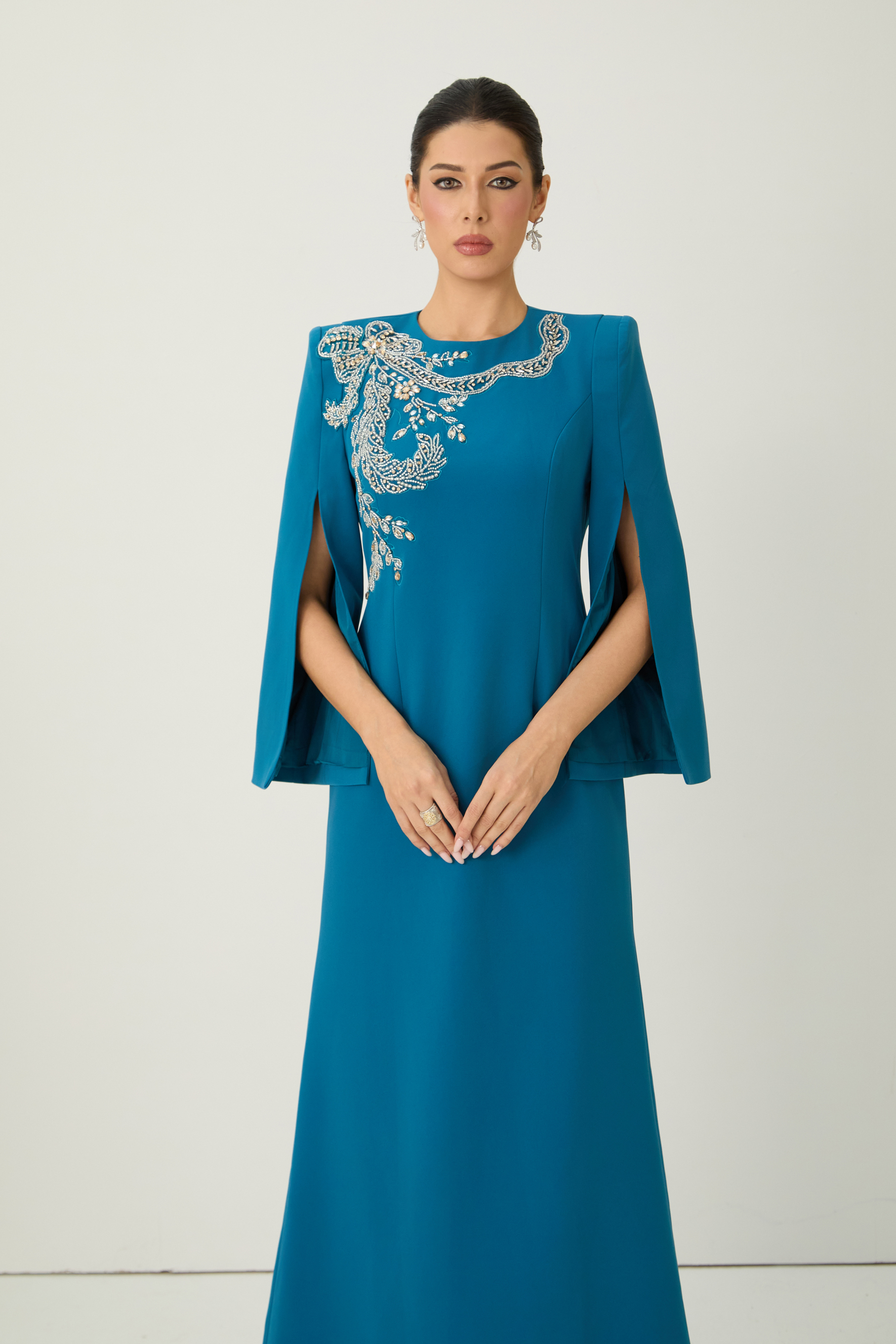 Marvelous Darling Blue Beaded Embroidery Split Cape Sleeve Maxi Dress