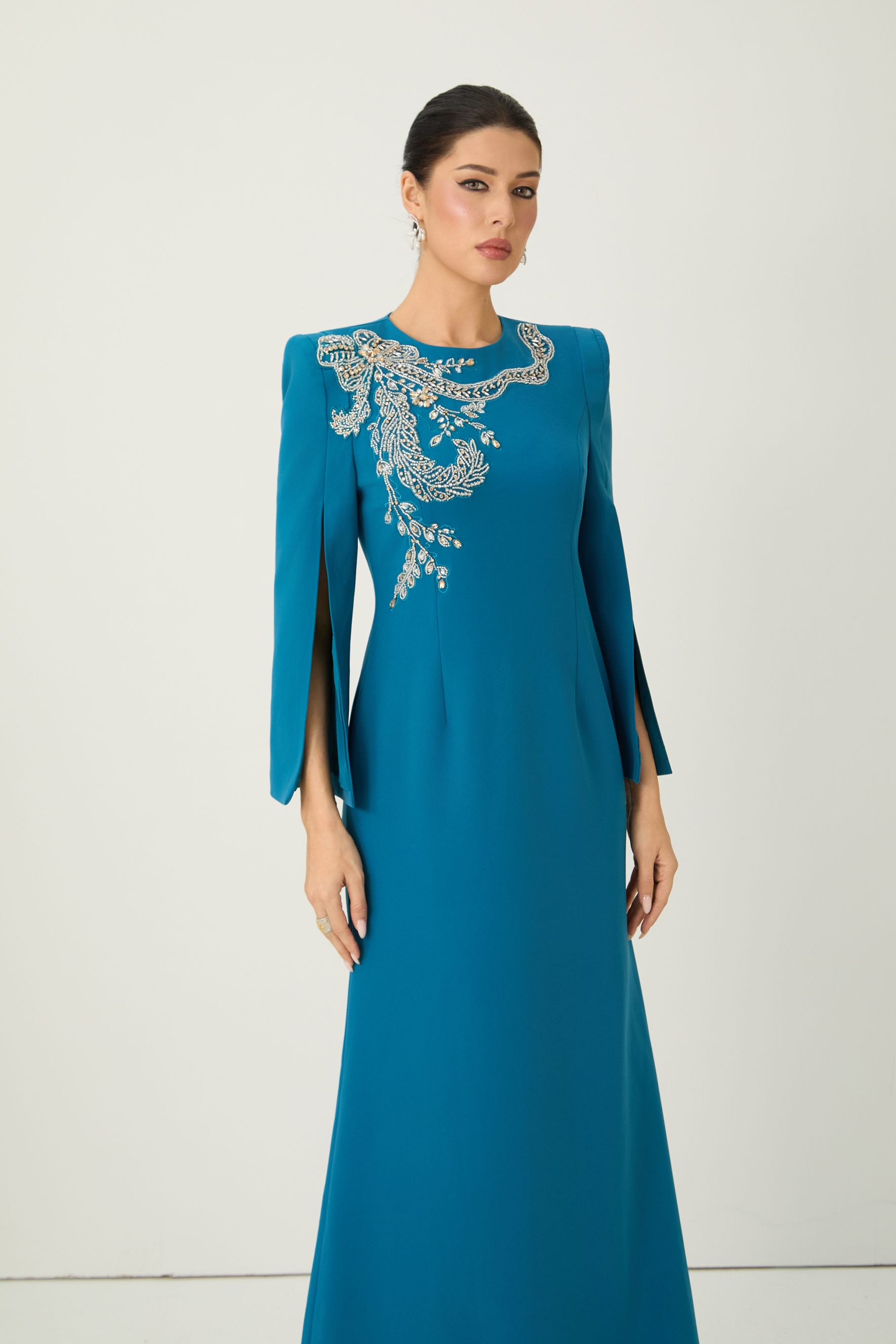 Marvelous Darling Blue Beaded Embroidery Split Cape Sleeve Maxi Dress