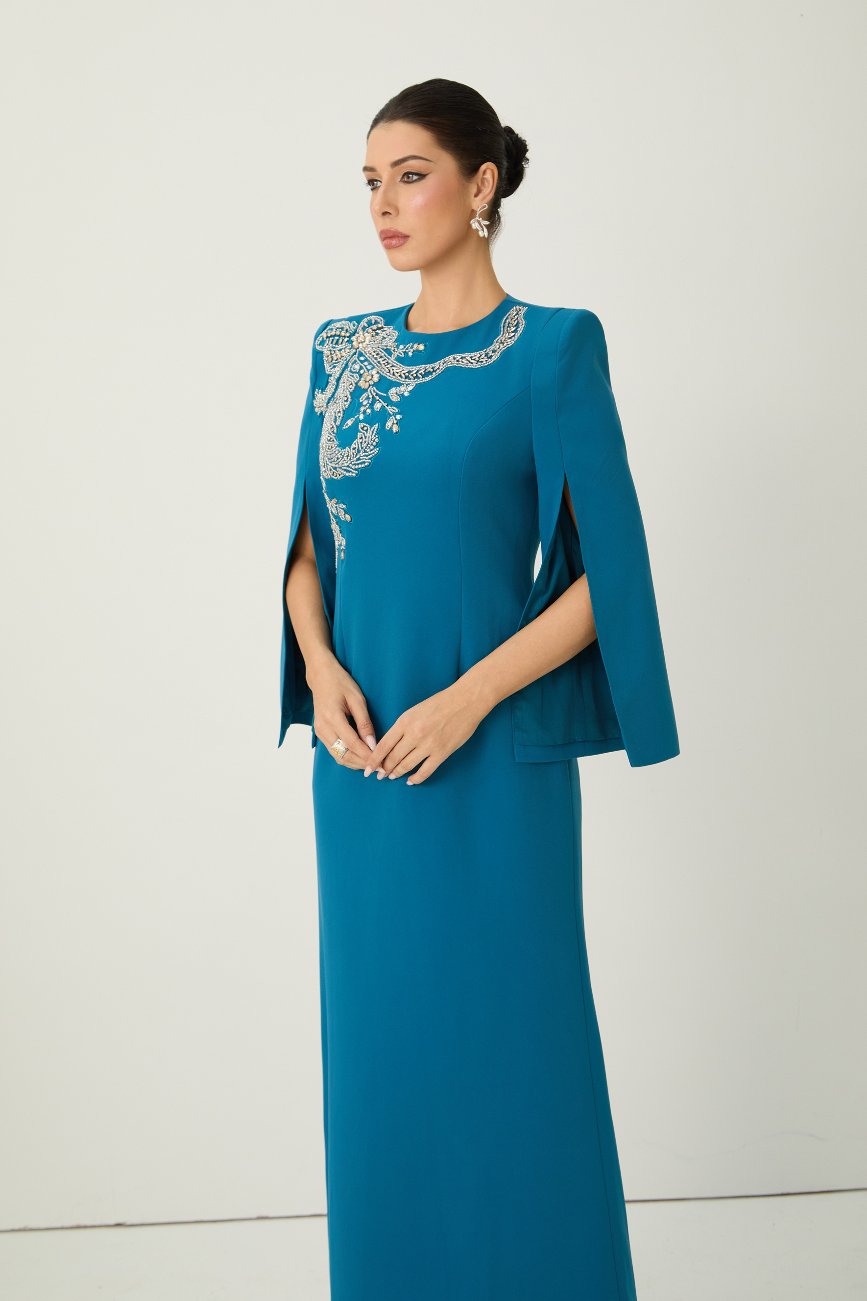 Marvelous Darling Blue Beaded Embroidery Split Cape Sleeve Maxi Dress