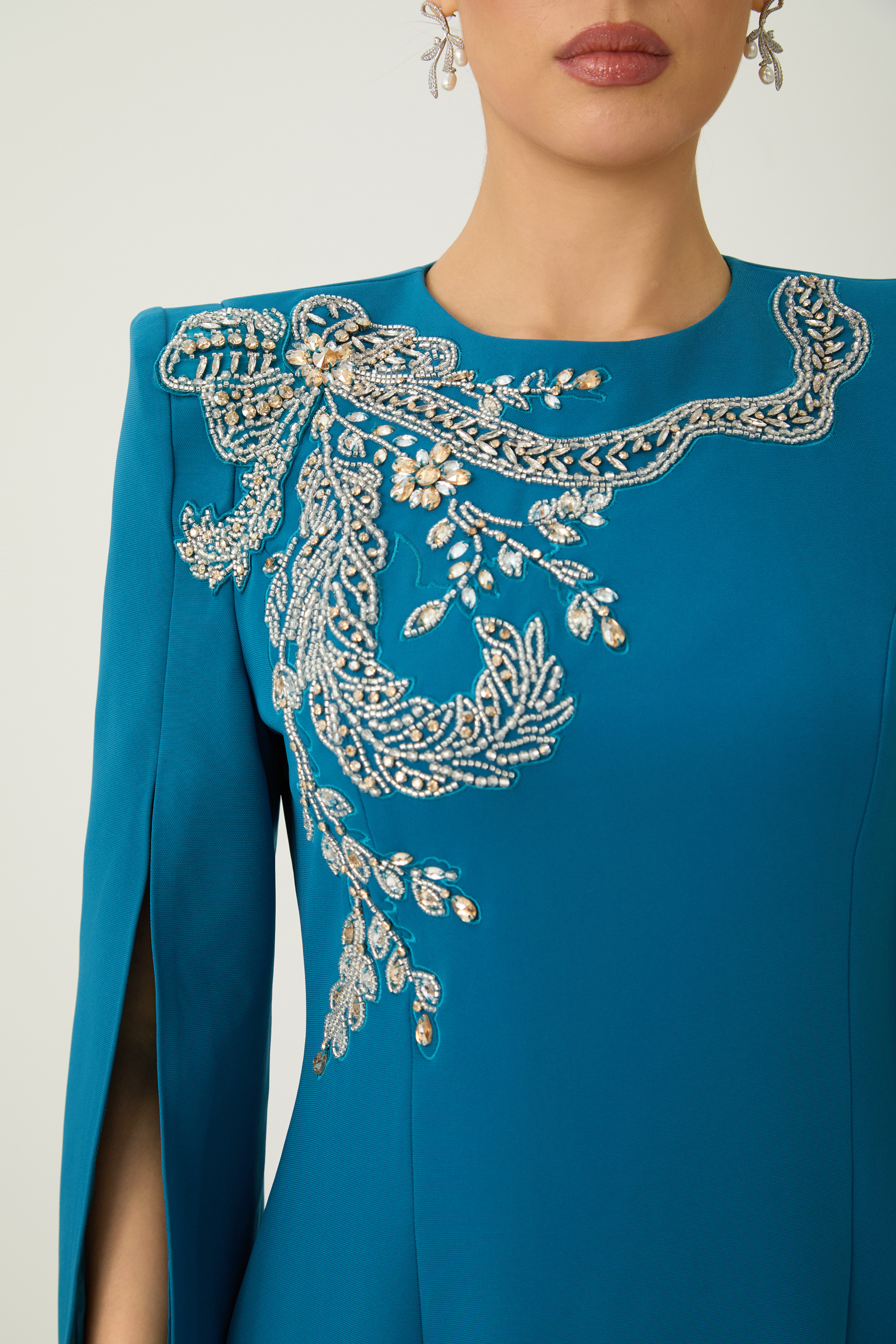 Marvelous Darling Blue Beaded Embroidery Split Cape Sleeve Maxi Dress