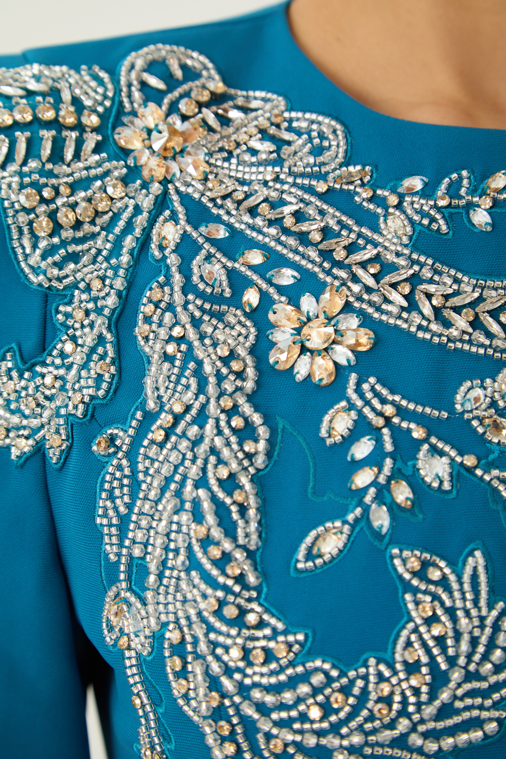 Marvelous Darling Blue Beaded Embroidery Split Cape Sleeve Maxi Dress