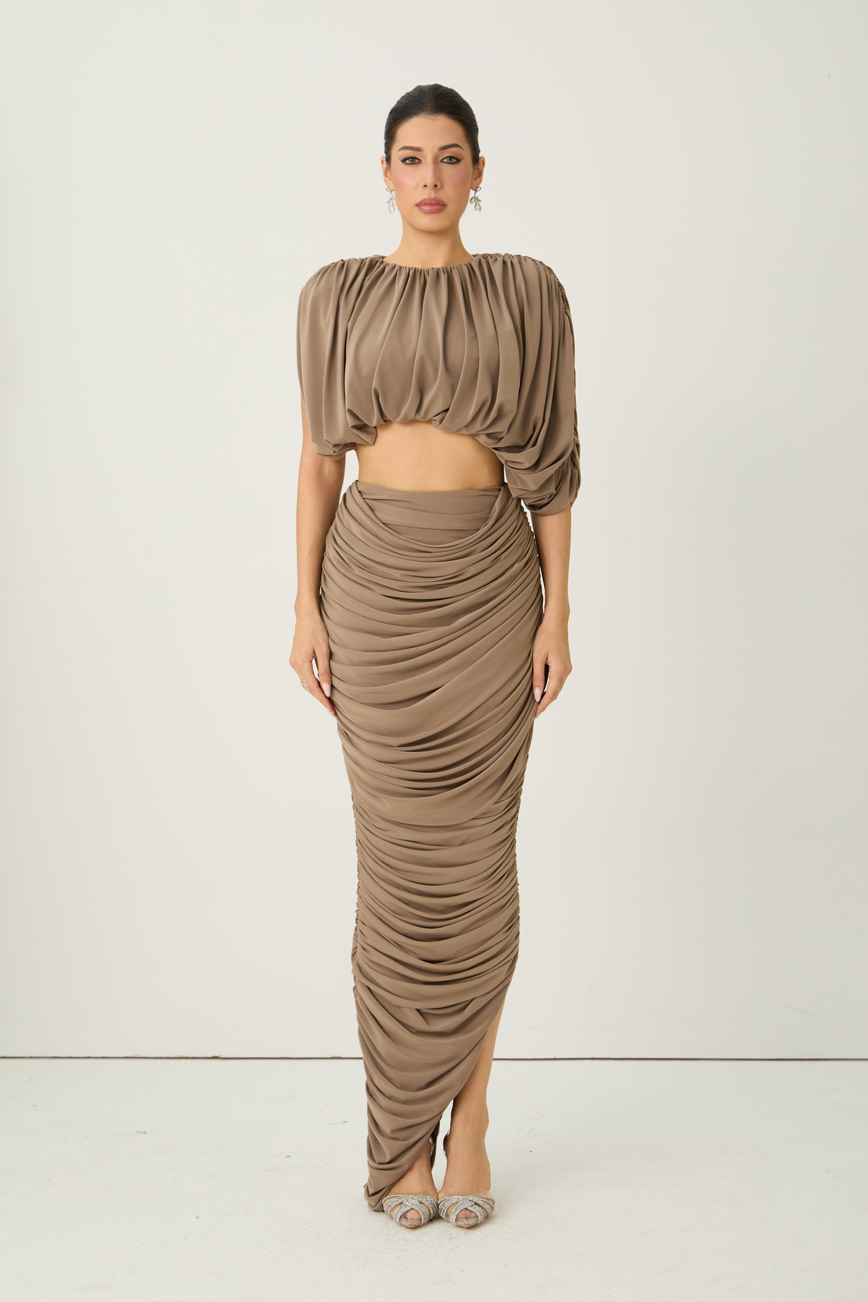 Nightlife Icon Brown Cropped Draped Top & Ruched Skirt Set