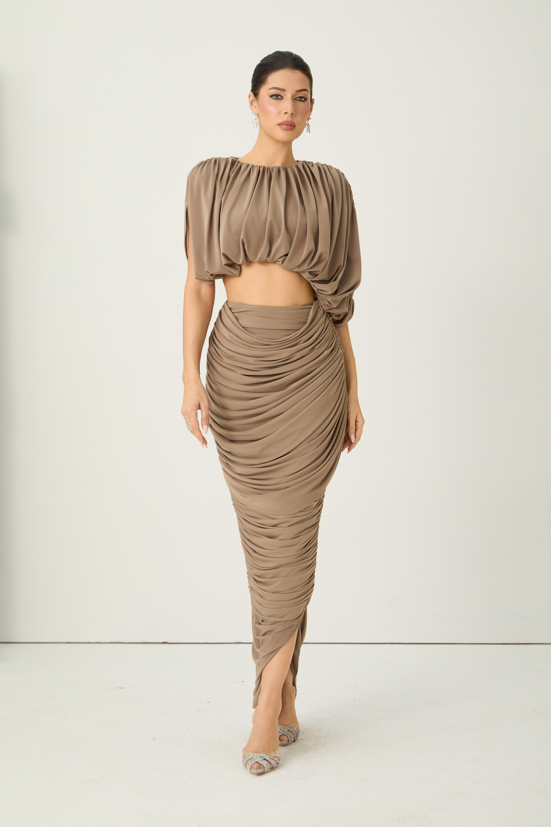 Nightlife Icon Brown Cropped Draped Top & Ruched Skirt Set