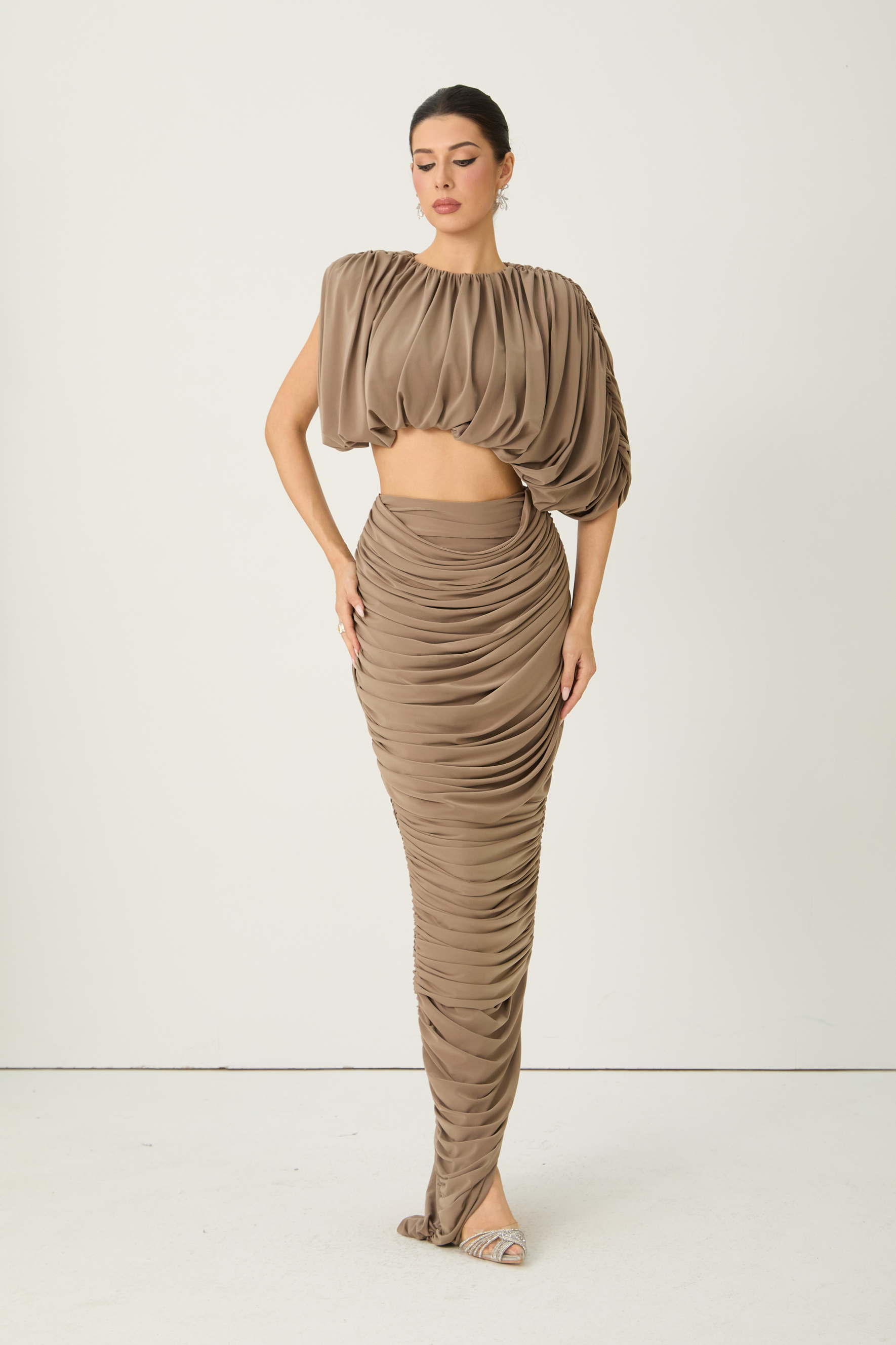 Nightlife Icon Brown Cropped Draped Top & Ruched Skirt Set