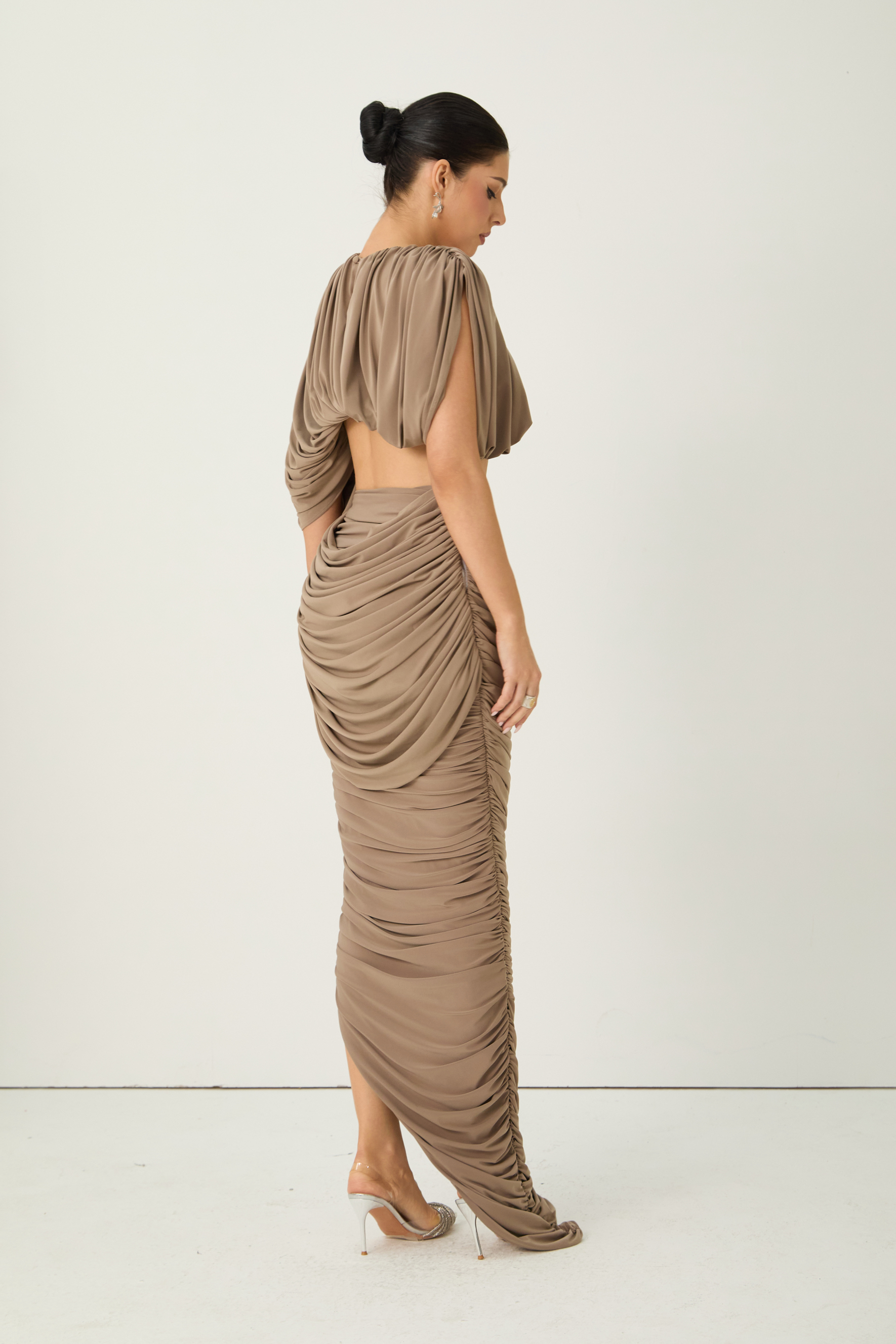 Nightlife Icon Brown Cropped Draped Top & Ruched Skirt Set