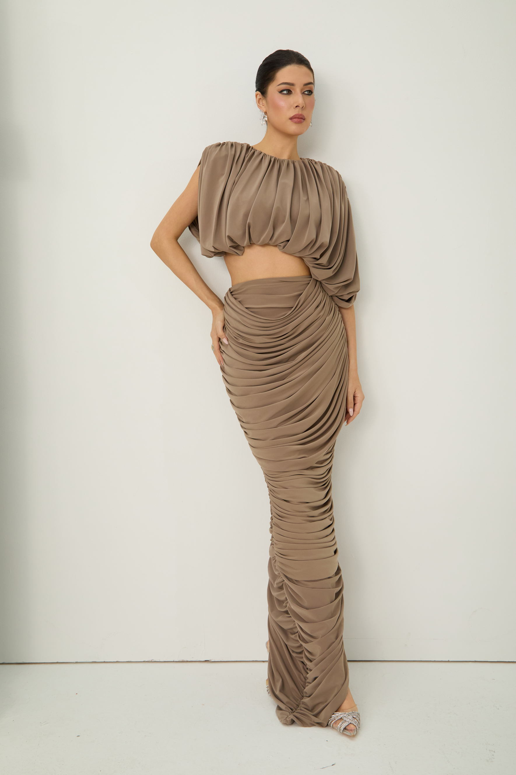 Nightlife Icon Brown Cropped Draped Top & Ruched Skirt Set