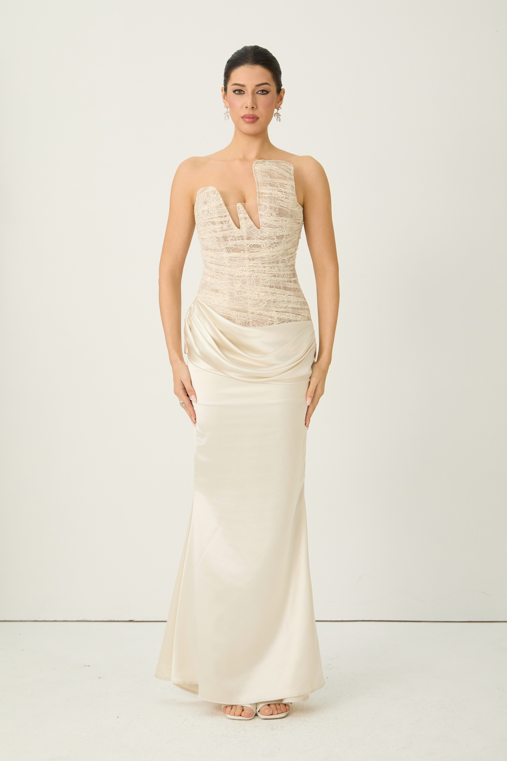 Love Potion Beige Strapless Lace Corset Maxi Dress