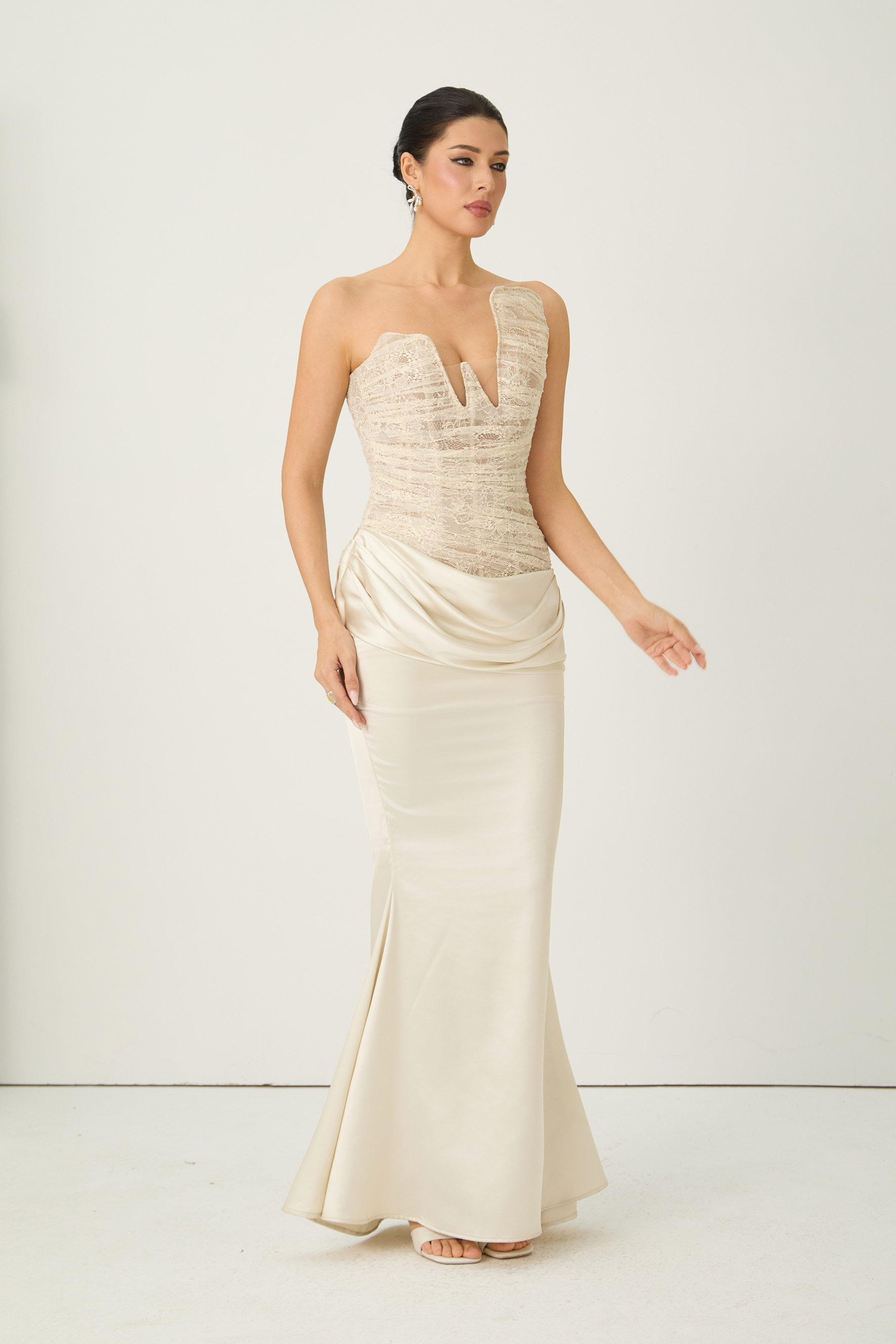 Love Potion Beige Strapless Lace Corset Maxi Dress