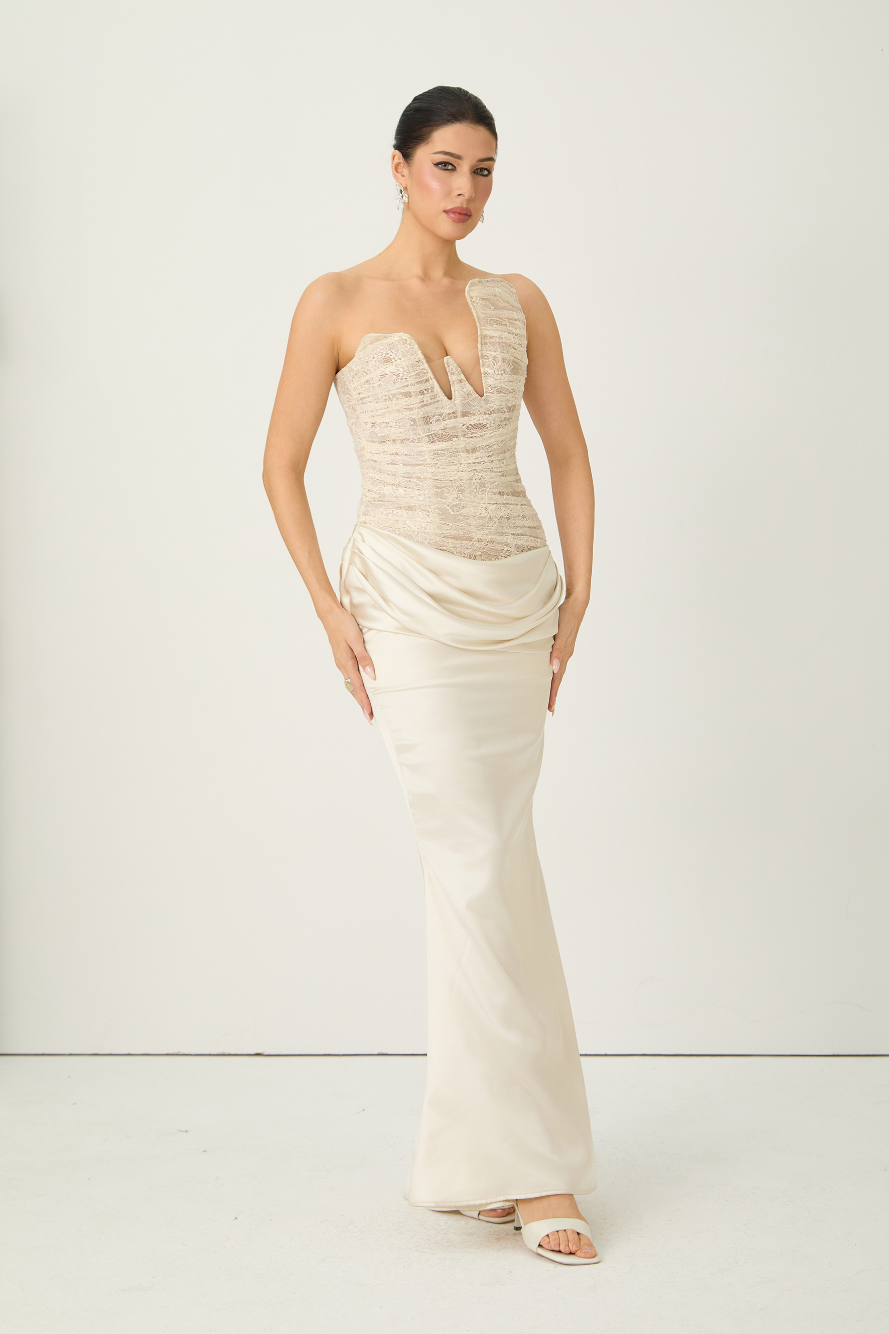 Love Potion Beige Strapless Lace Corset Maxi Dress