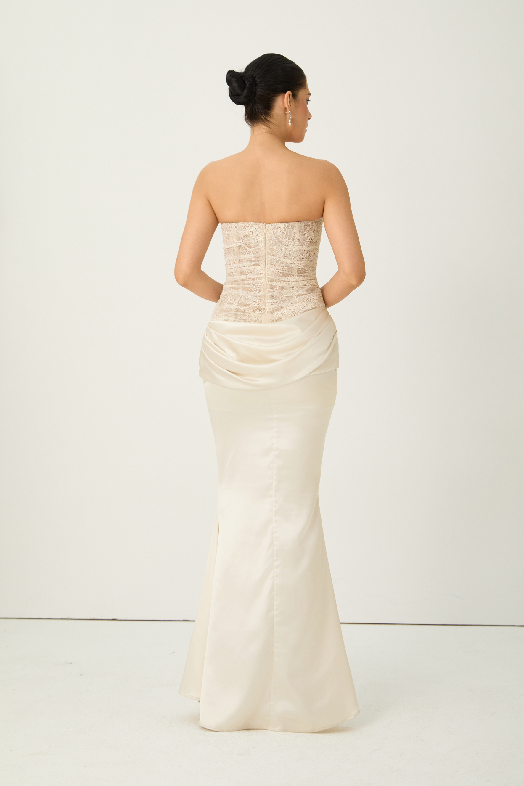 Love Potion Beige Strapless Lace Corset Maxi Dress