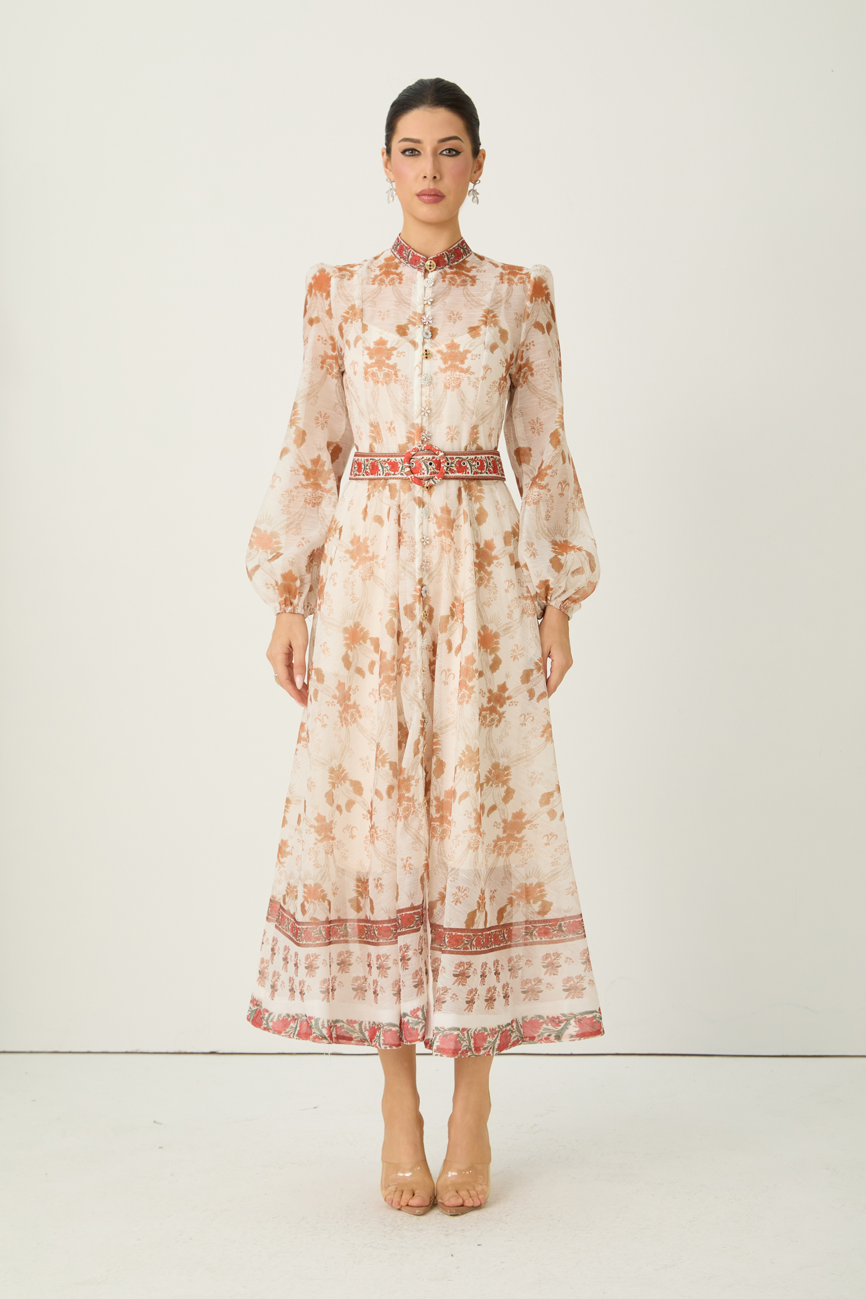 Glowing Presence Apricot Floral Print Mandarin Collar Maxi Dress
