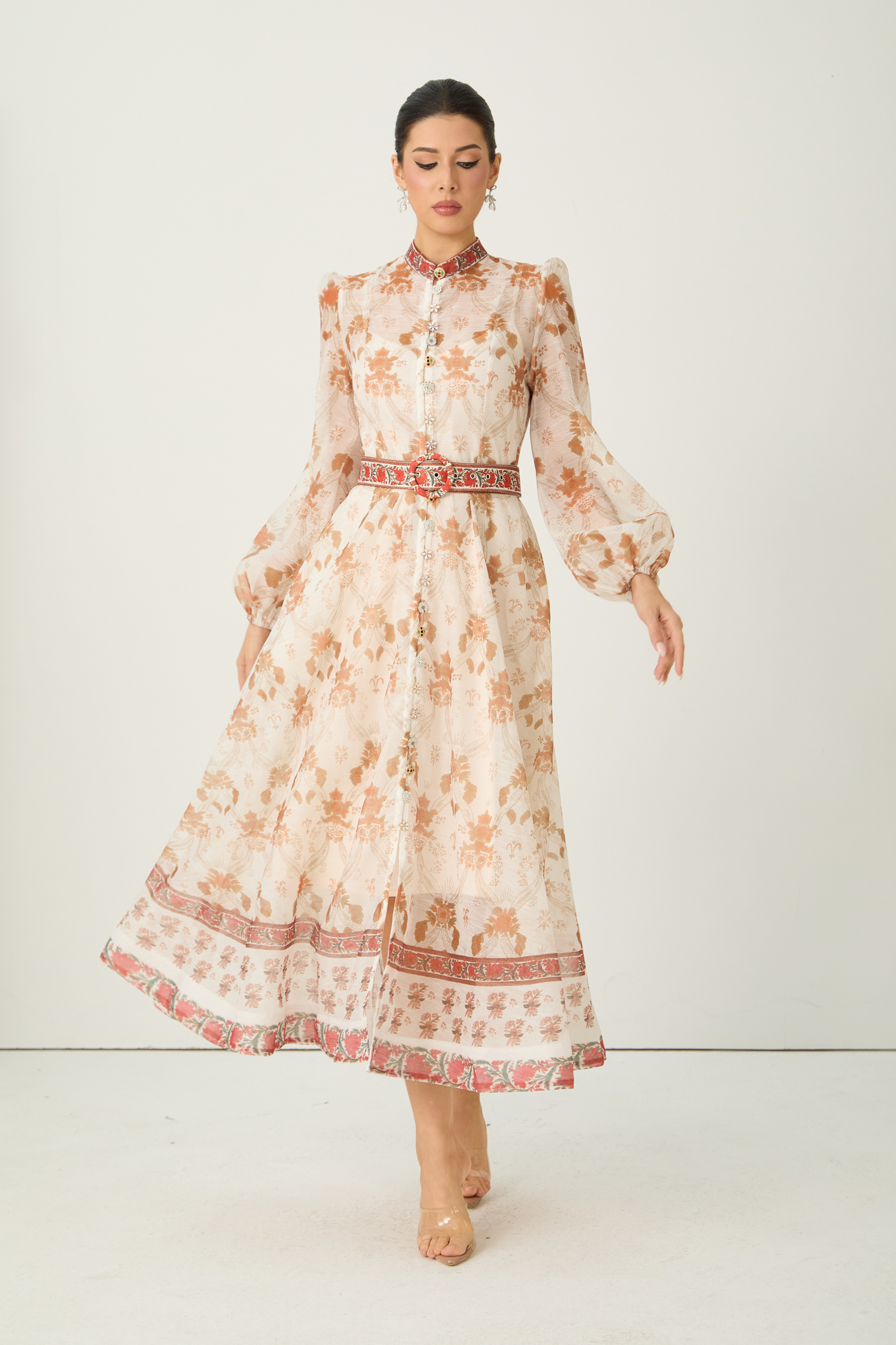 Glowing Presence Apricot Floral Print Mandarin Collar Maxi Dress