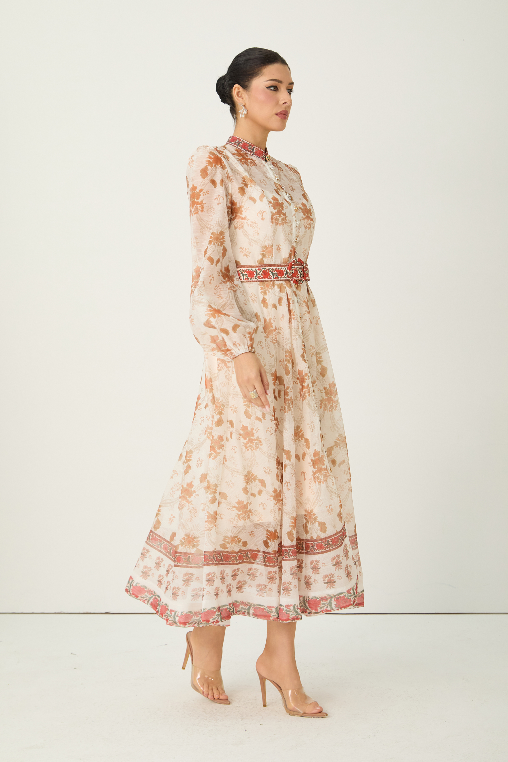 Glowing Presence Apricot Floral Print Mandarin Collar Maxi Dress