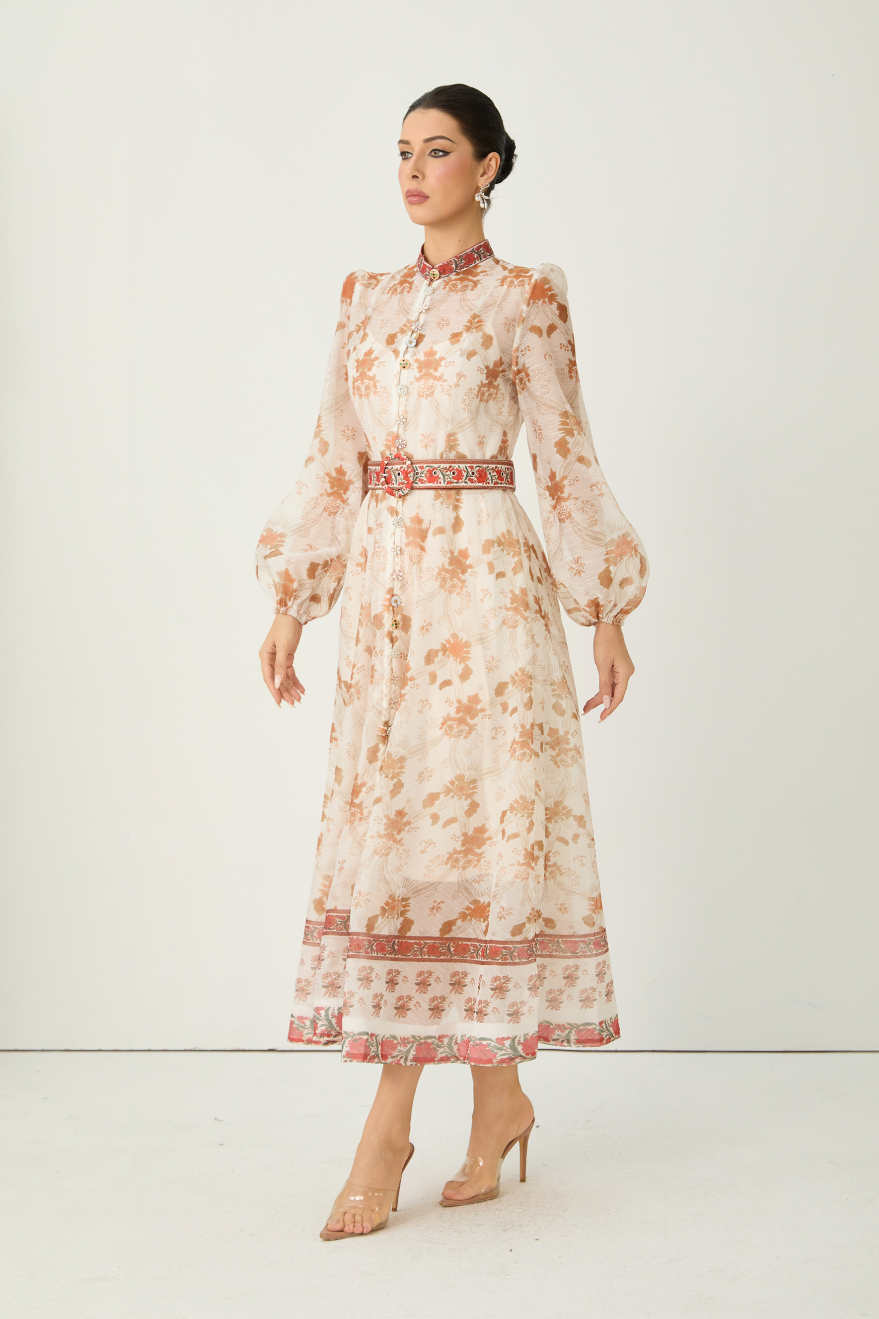 Glowing Presence Apricot Floral Print Mandarin Collar Maxi Dress