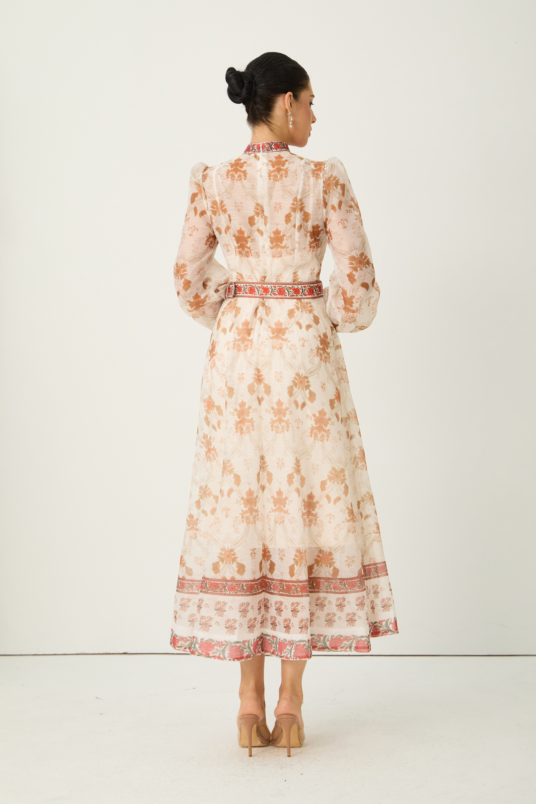 Glowing Presence Apricot Floral Print Mandarin Collar Maxi Dress