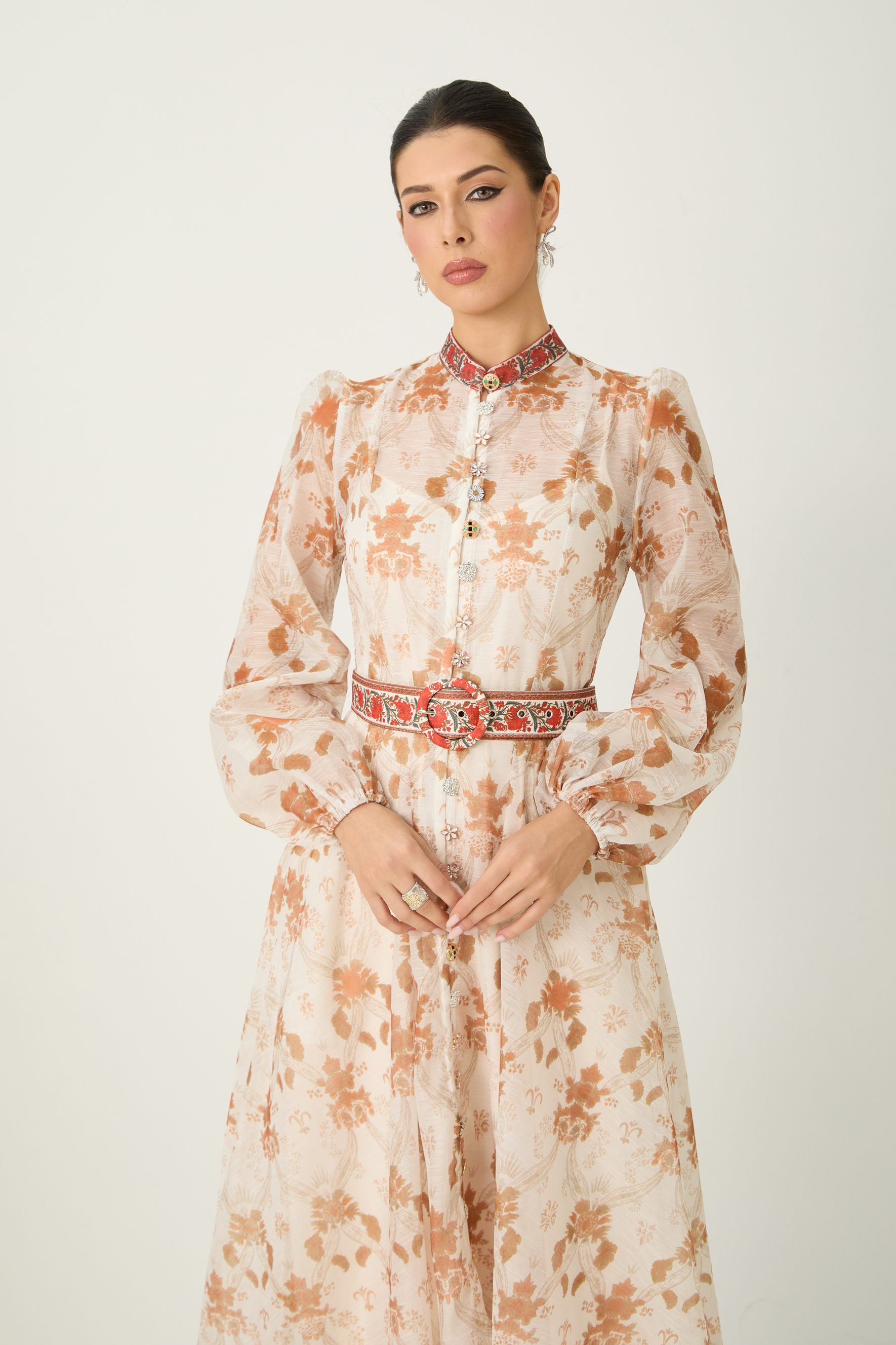 Glowing Presence Apricot Floral Print Mandarin Collar Maxi Dress
