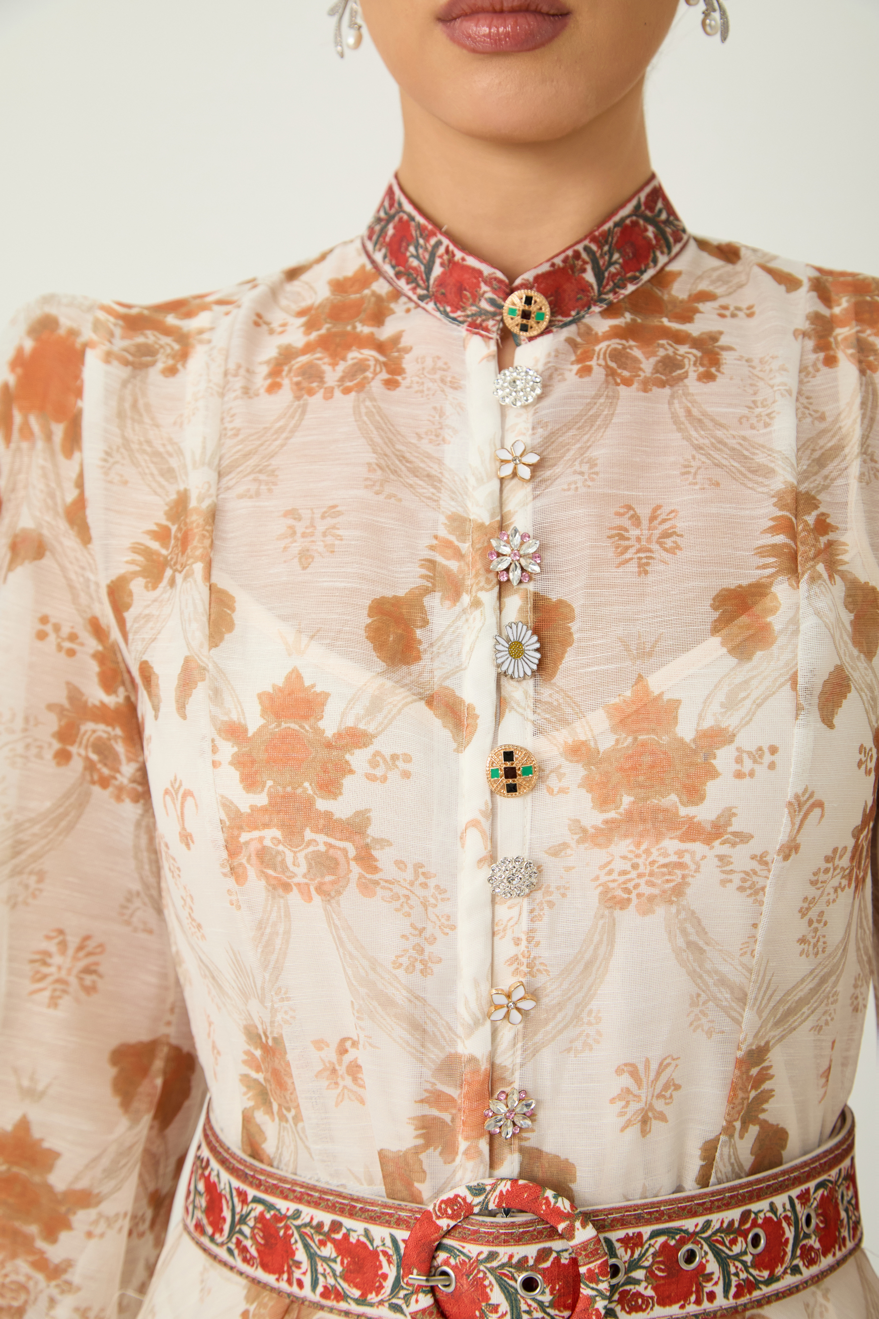 Glowing Presence Apricot Floral Print Mandarin Collar Maxi Dress