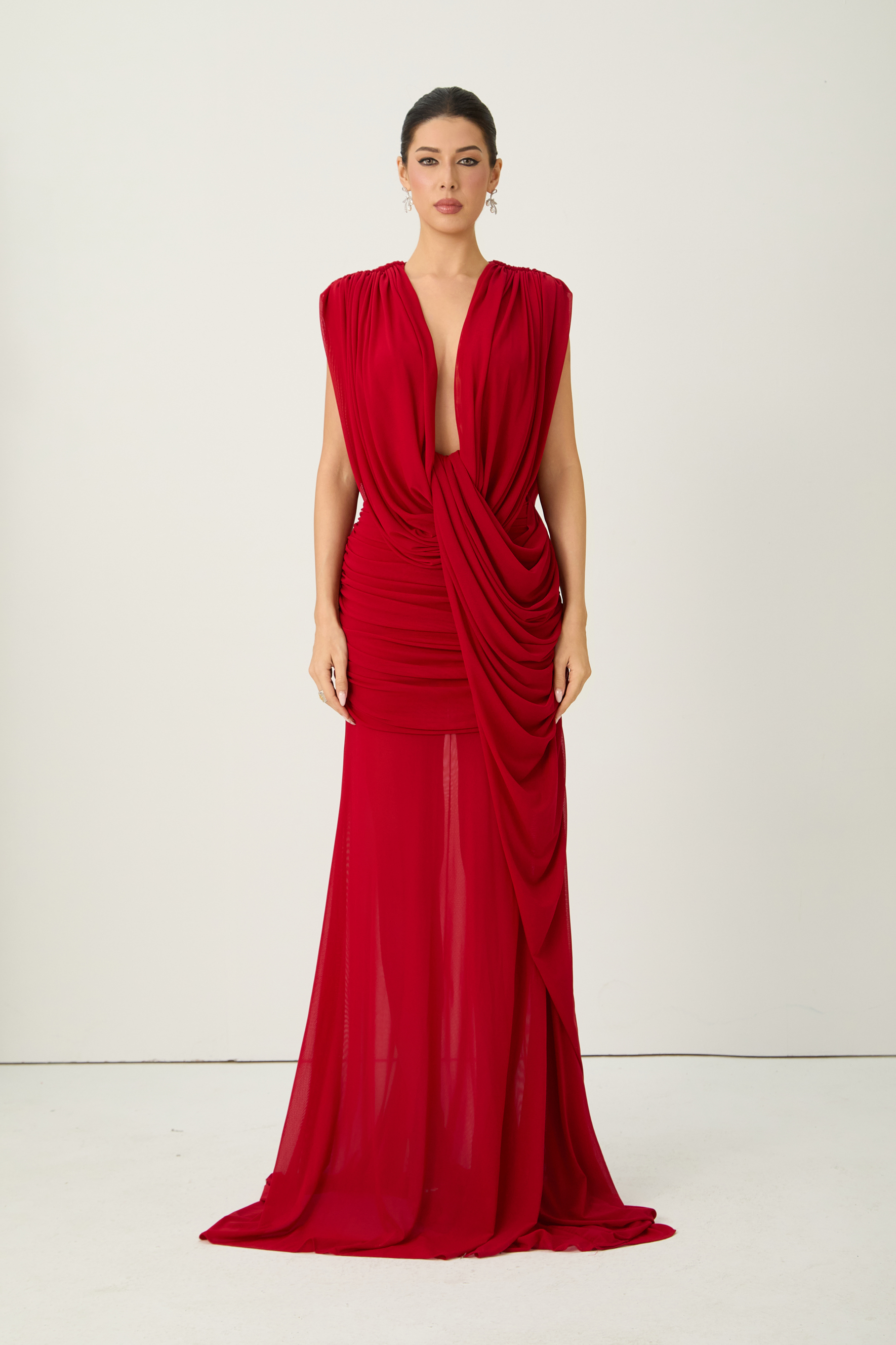 See The City Red Deep V-Neck Ruched Maxi Dress