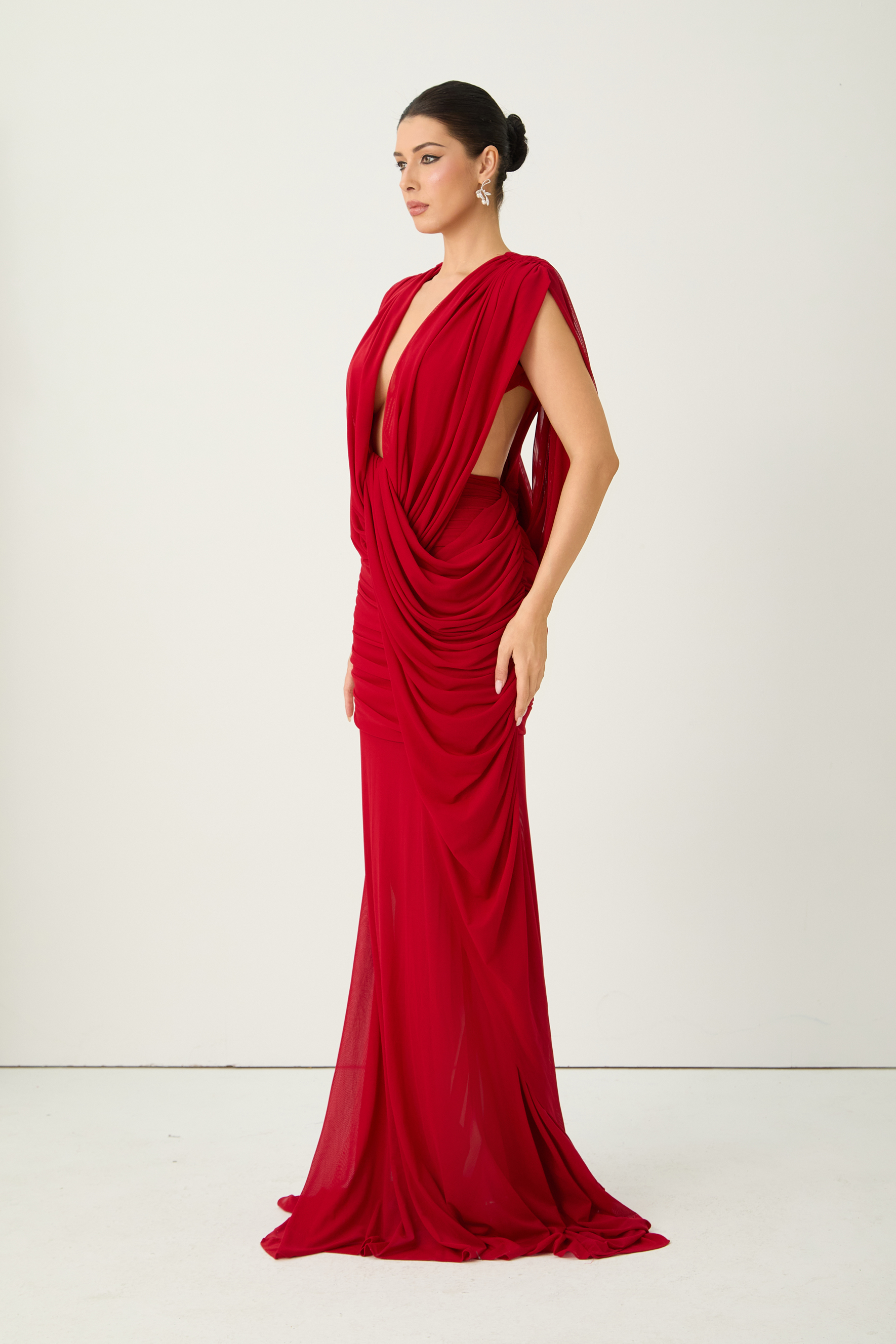 See The City Red Deep V-Neck Ruched Maxi Dress
