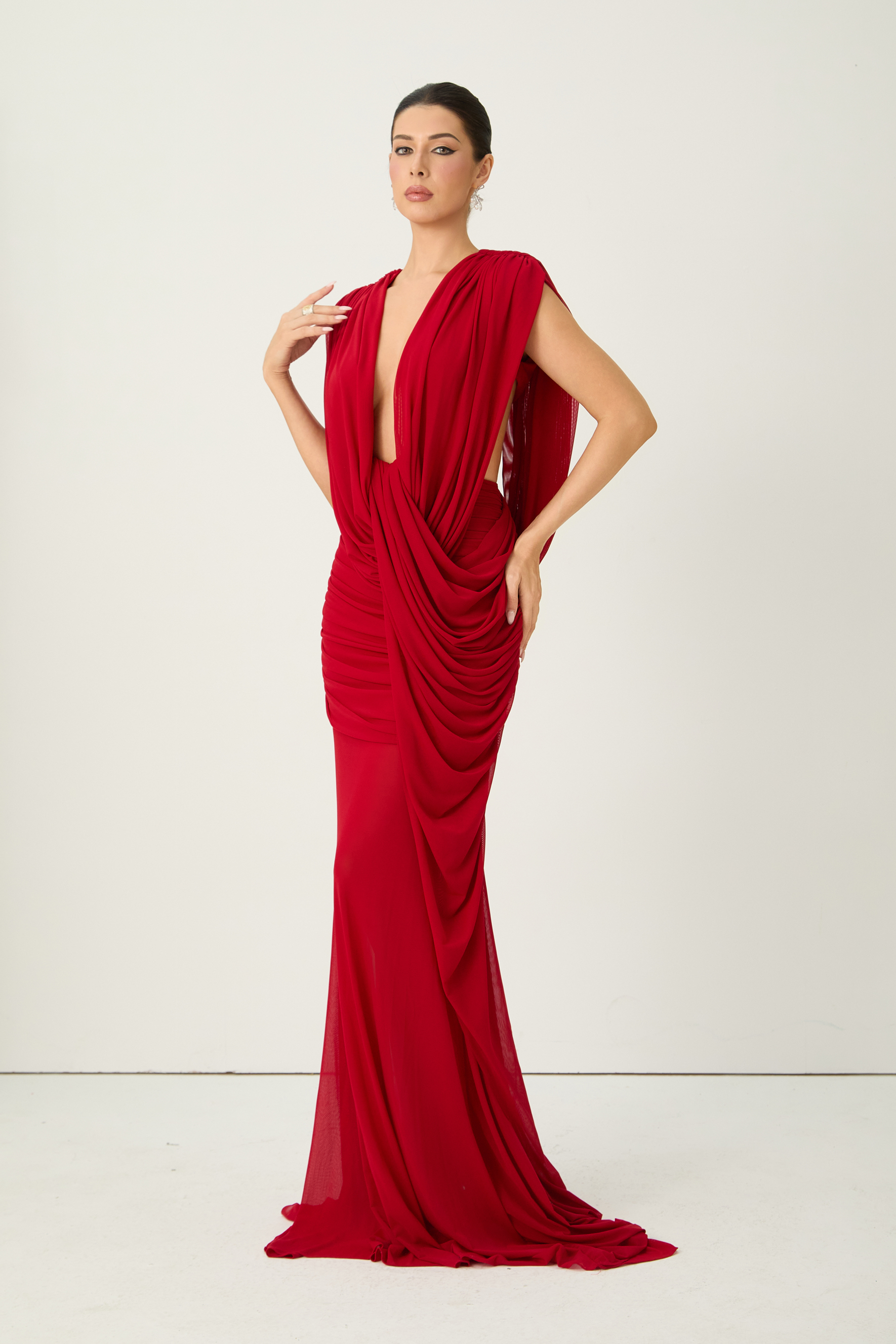 See The City Red Deep V-Neck Ruched Maxi Dress