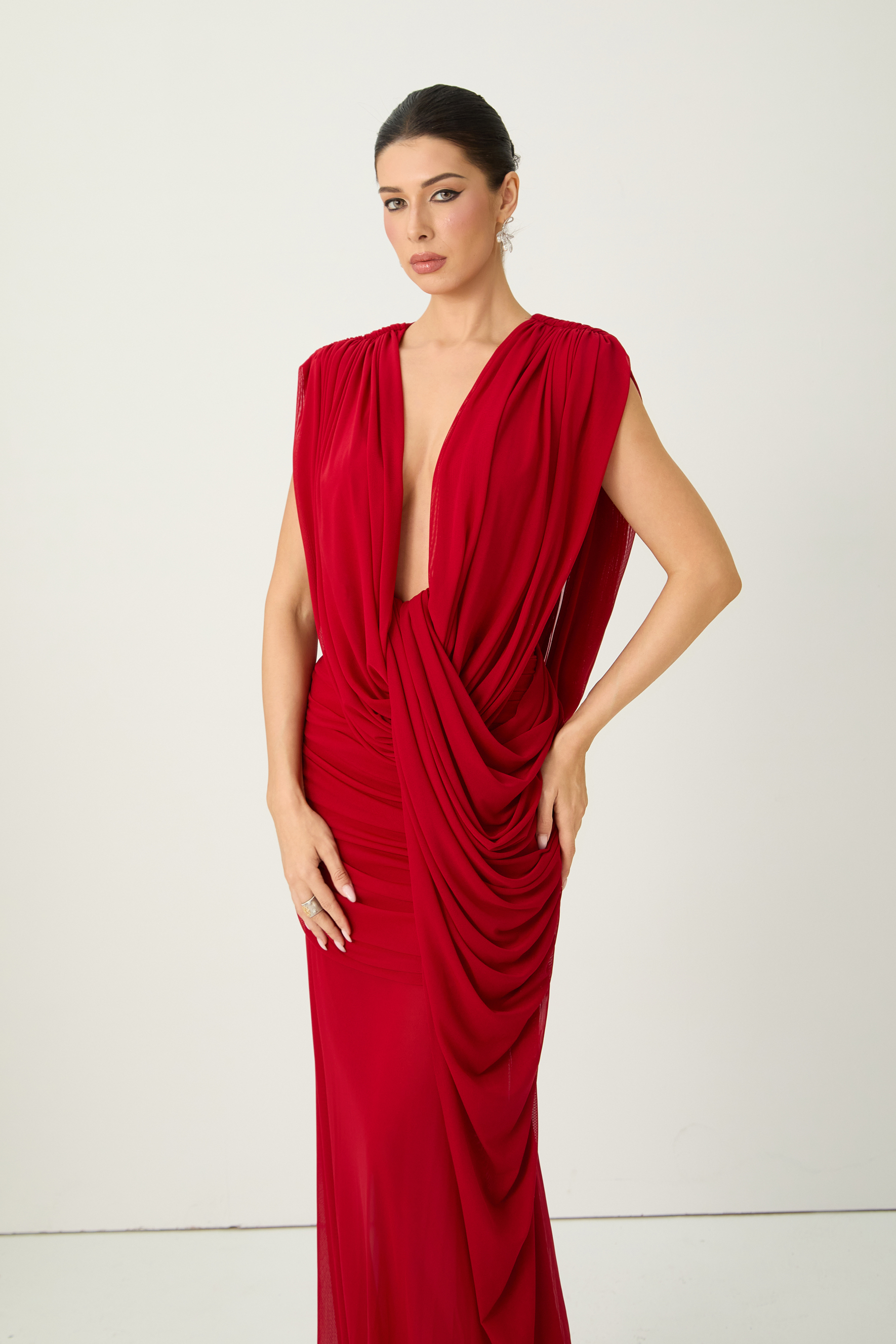 See The City Red Deep V-Neck Ruched Maxi Dress