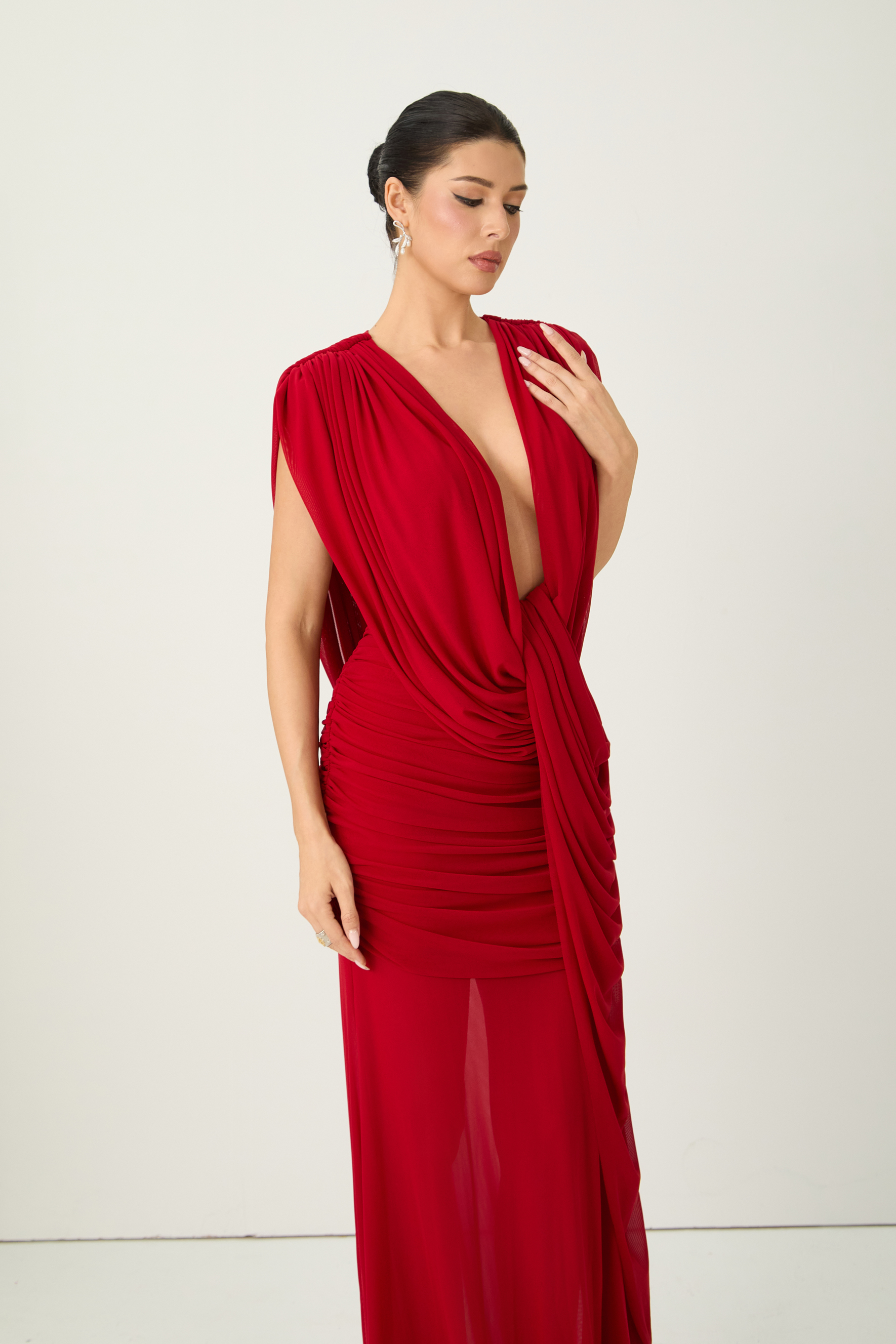 See The City Red Deep V-Neck Ruched Maxi Dress