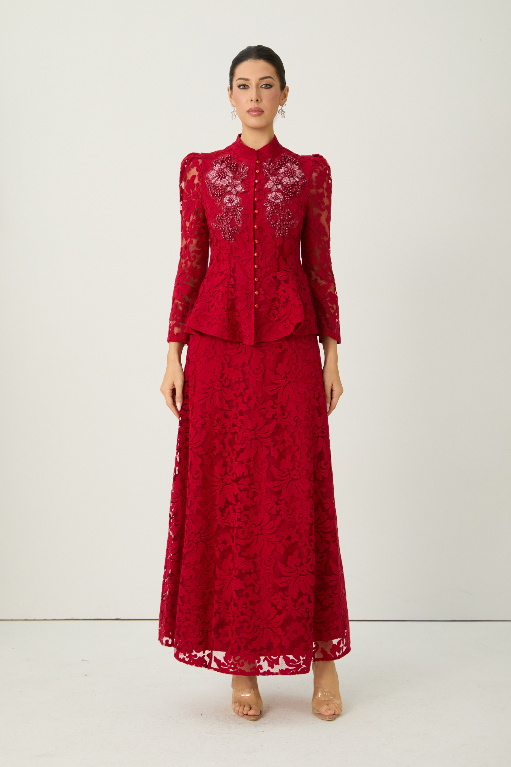 All This Allure Red Floral Embroidered Lace Top & Skirt Set