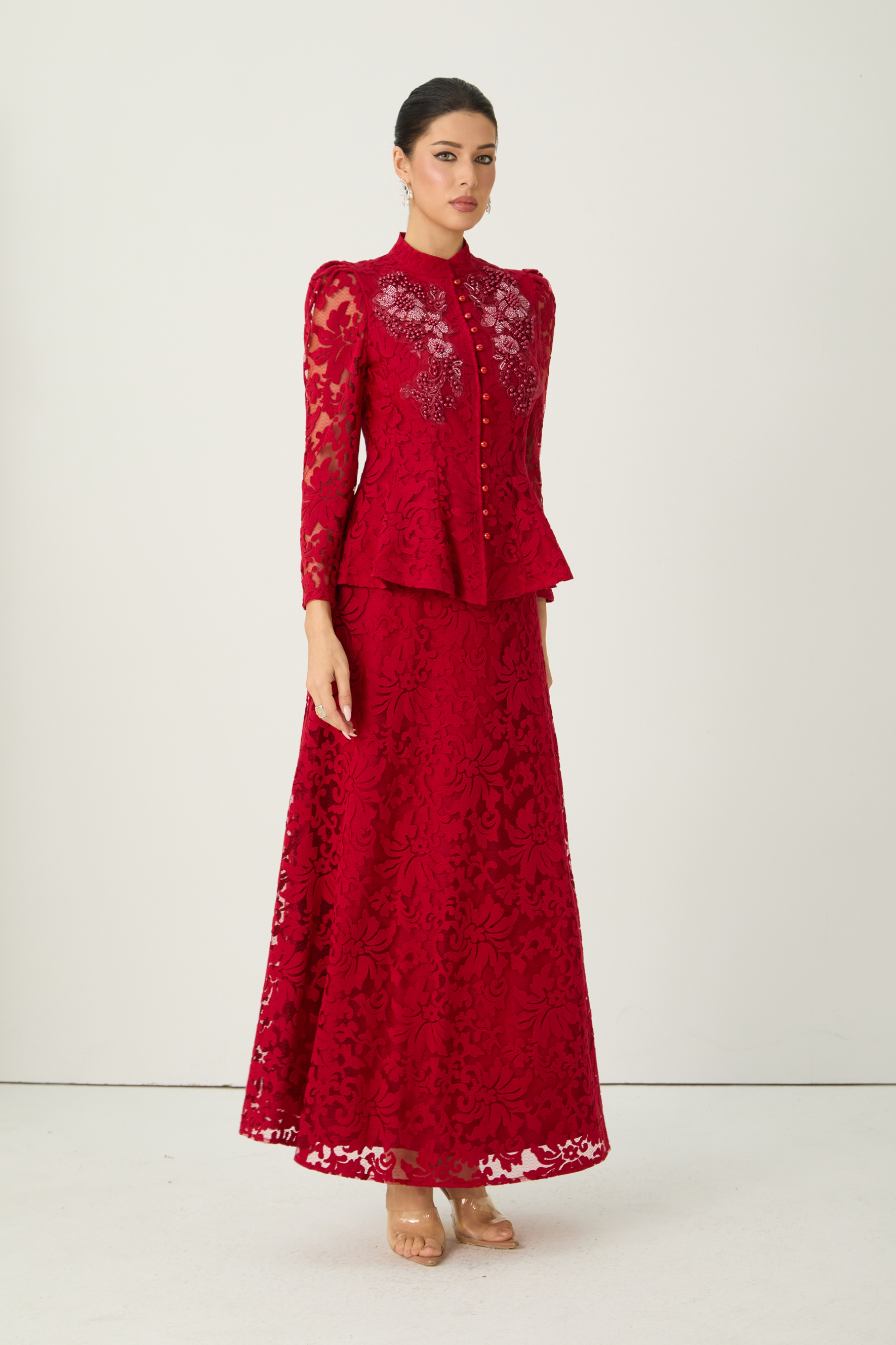 All This Allure Red Floral Embroidered Lace Top & Skirt Set