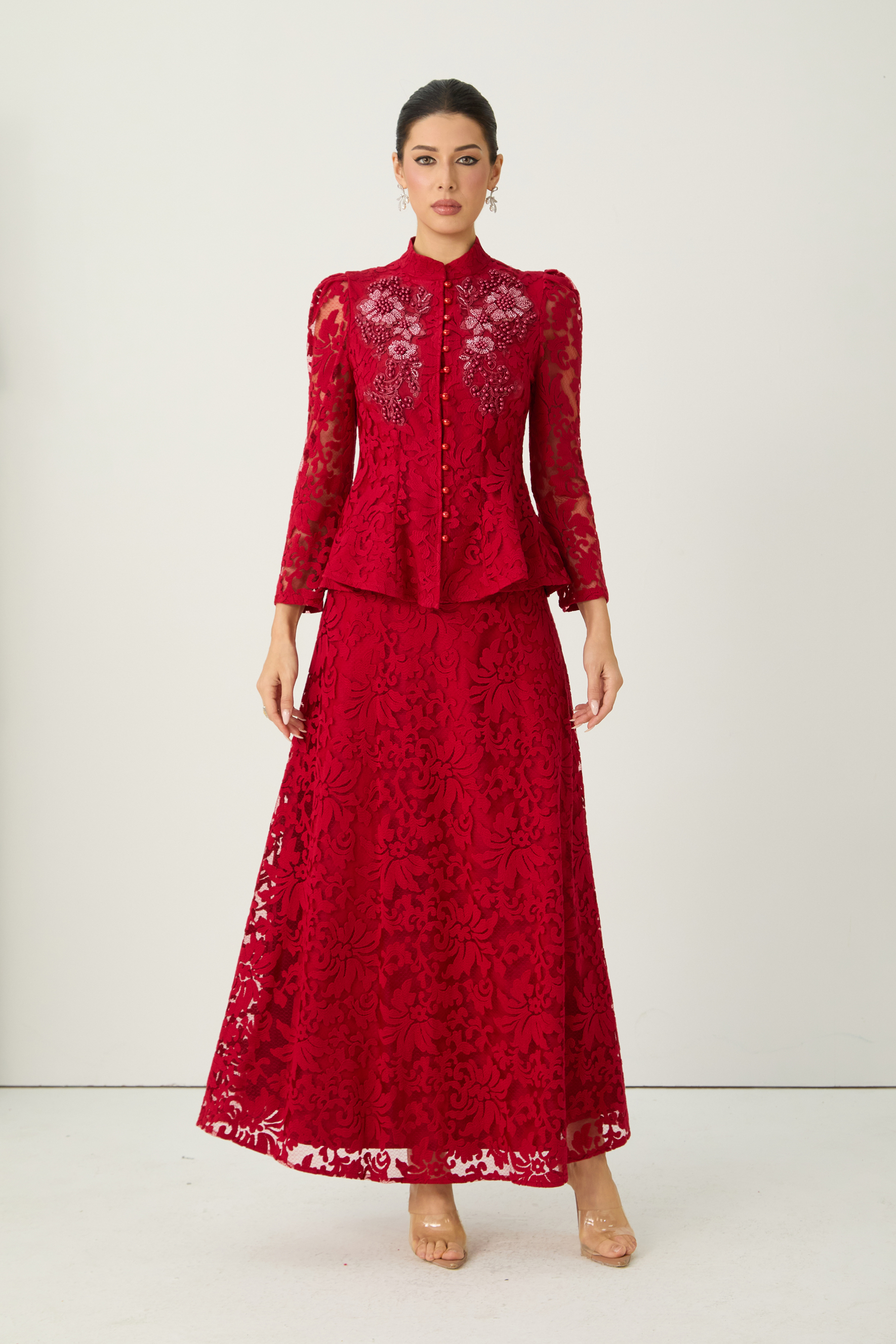 All This Allure Red Floral Embroidered Lace Top & Skirt Set
