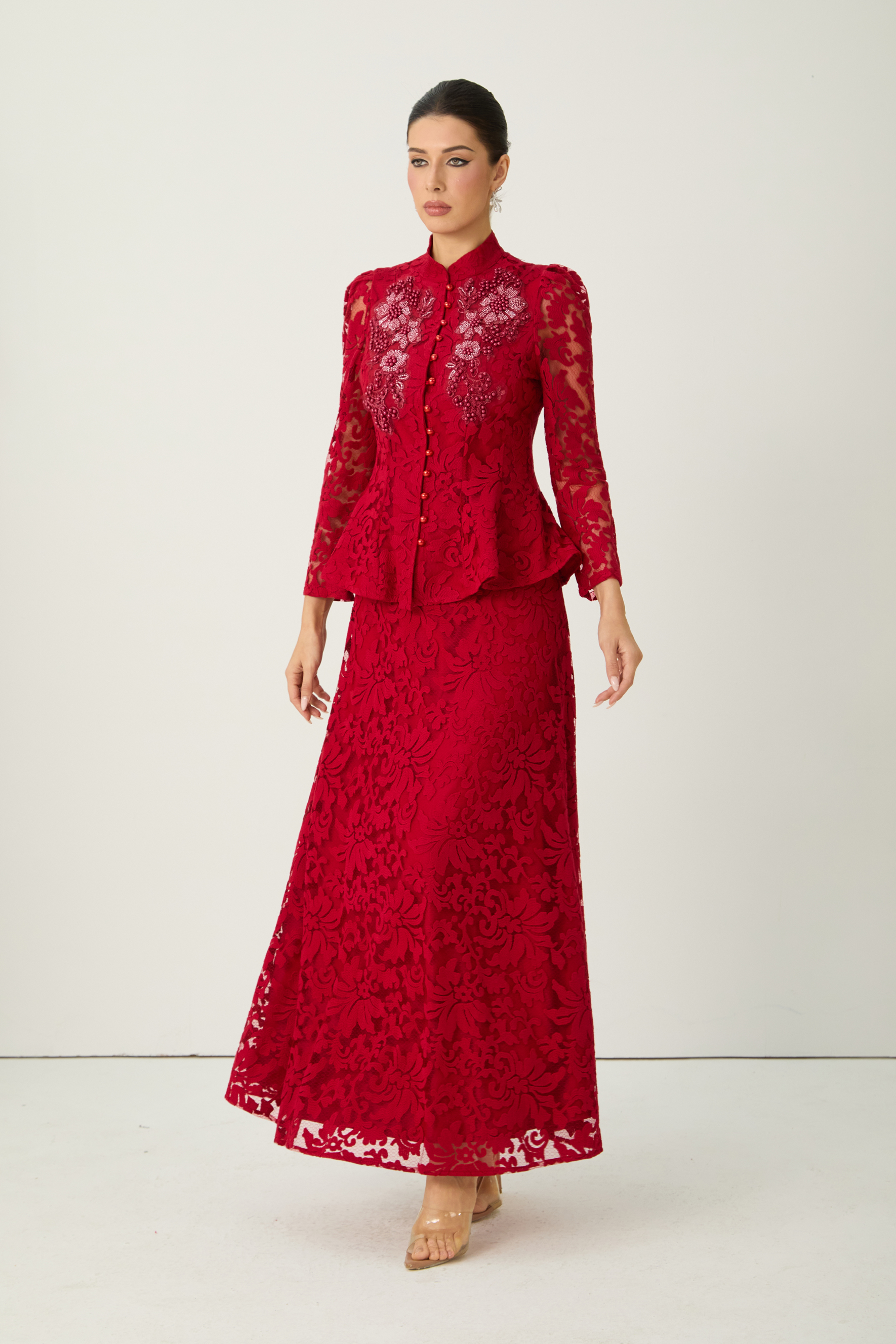 All This Allure Red Floral Embroidered Lace Top & Skirt Set