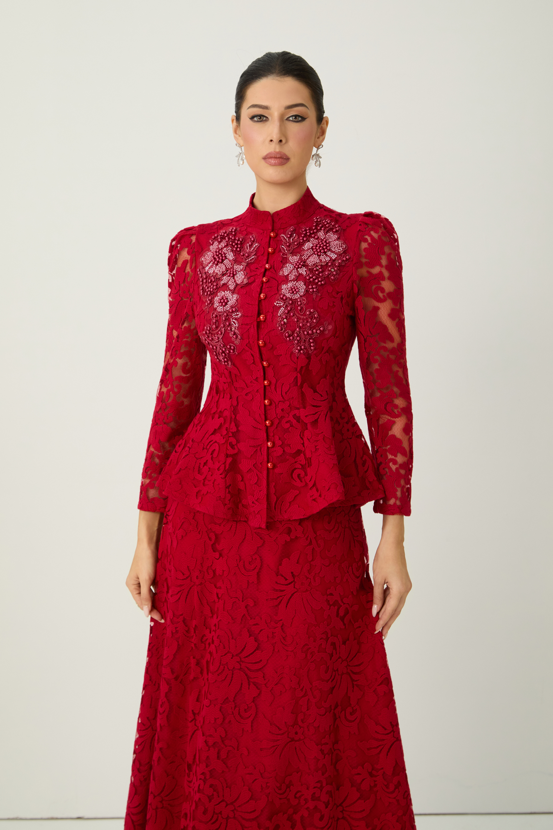 All This Allure Red Floral Embroidered Lace Top & Skirt Set
