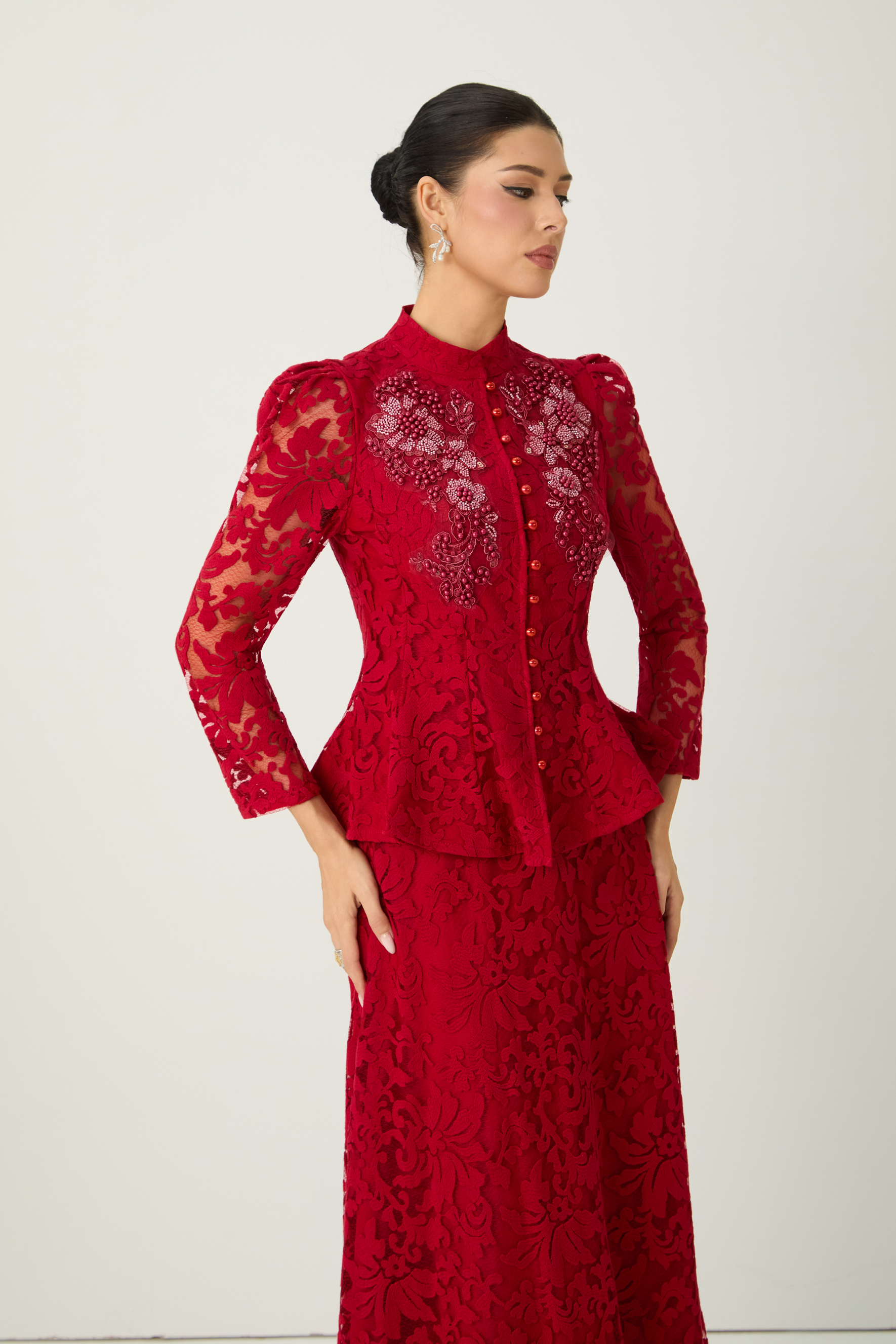 All This Allure Red Floral Embroidered Lace Top & Skirt Set