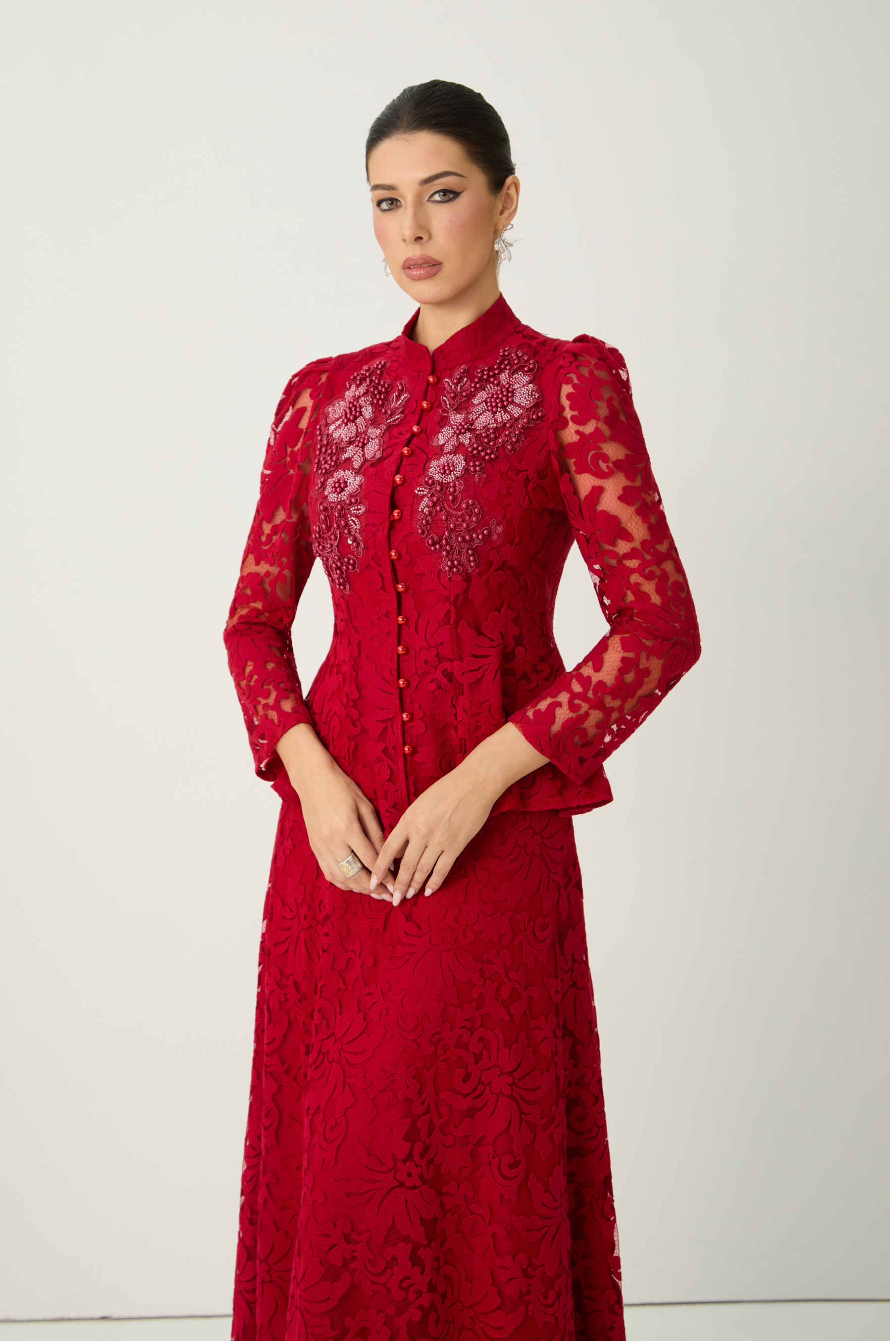 All This Allure Red Floral Embroidered Lace Top & Skirt Set