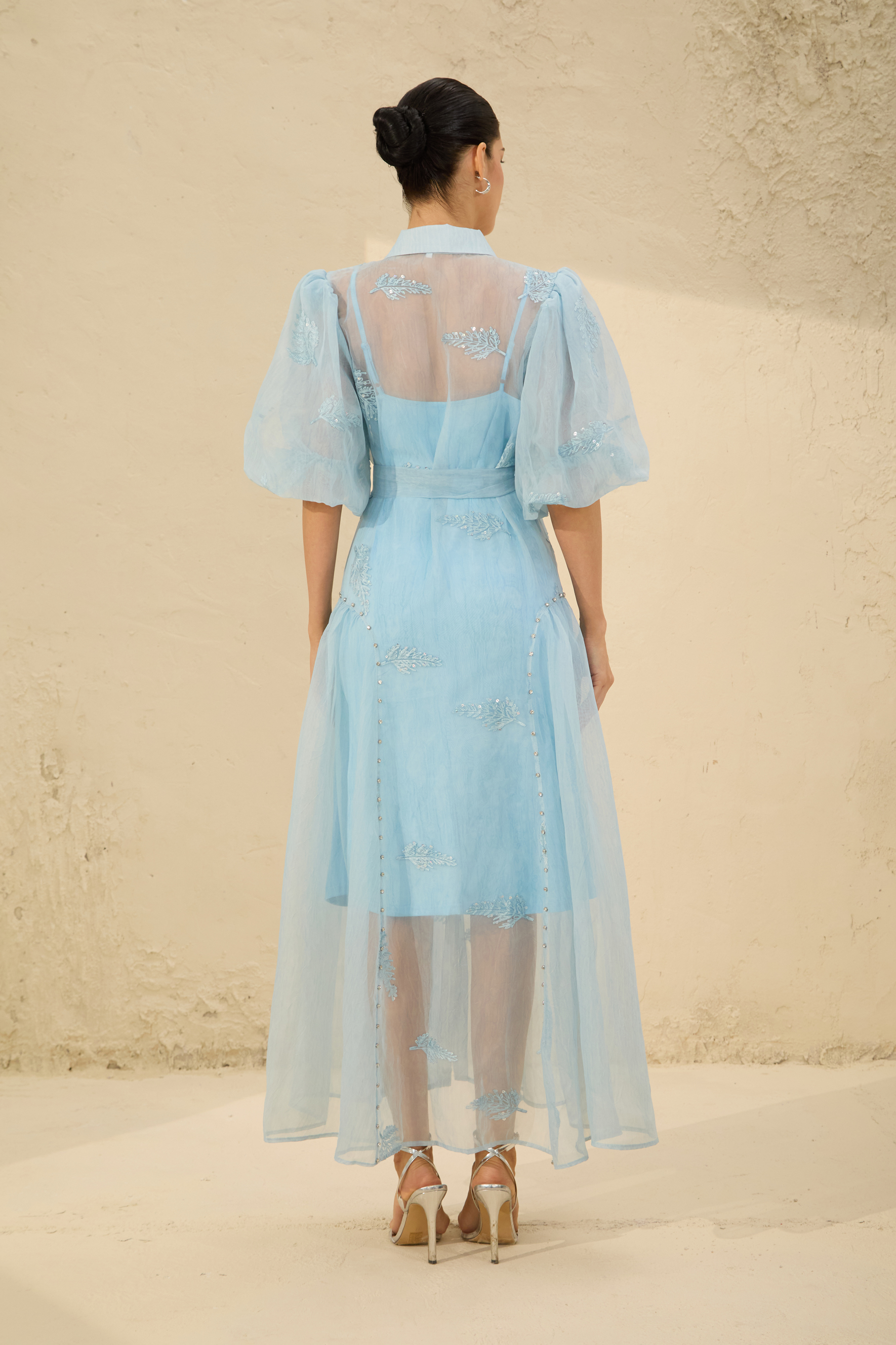 Dreamy Personality Blue Puff Sleeve Embroidered Maxi Dress