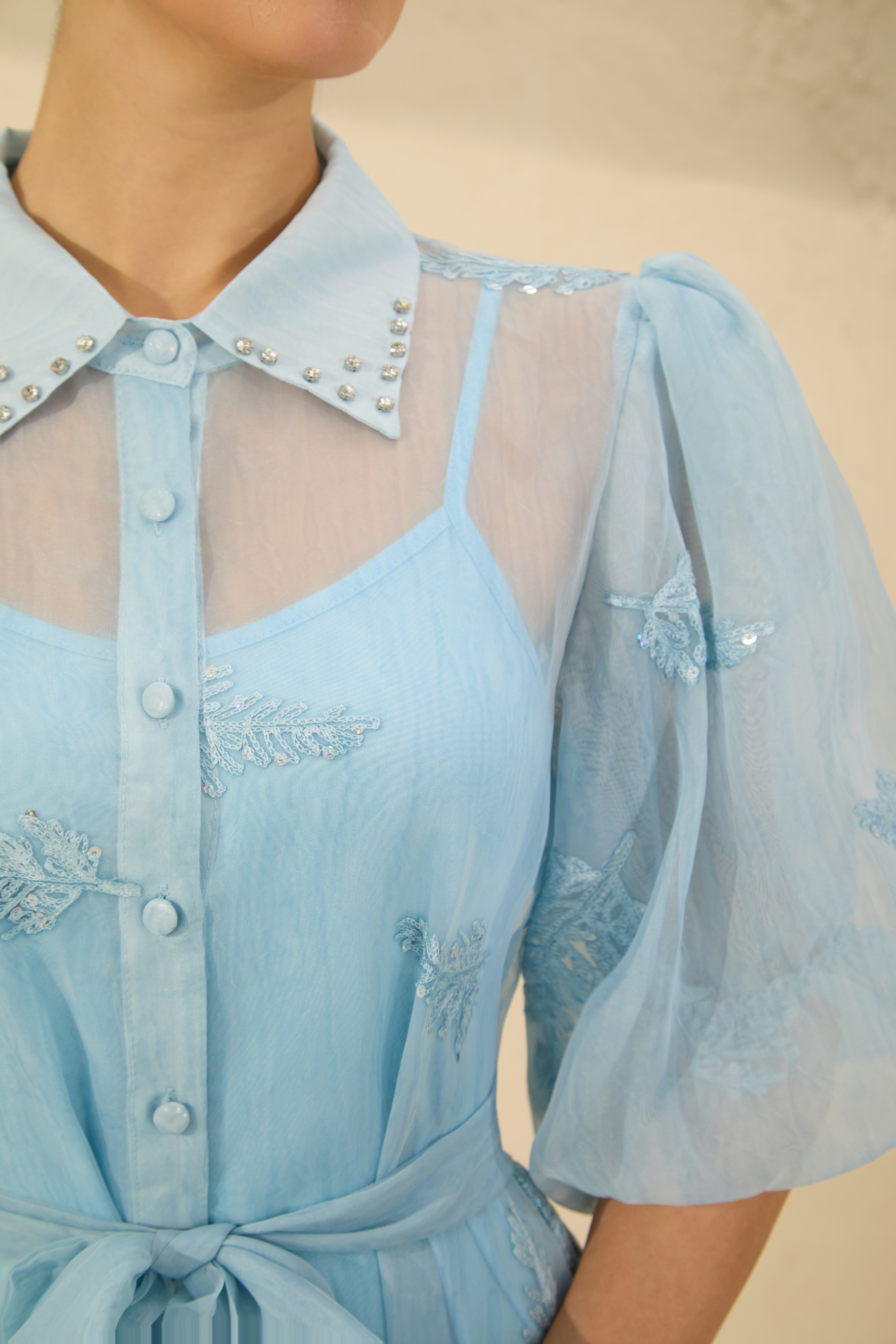 Dreamy Personality Blue Puff Sleeve Embroidered Maxi Dress