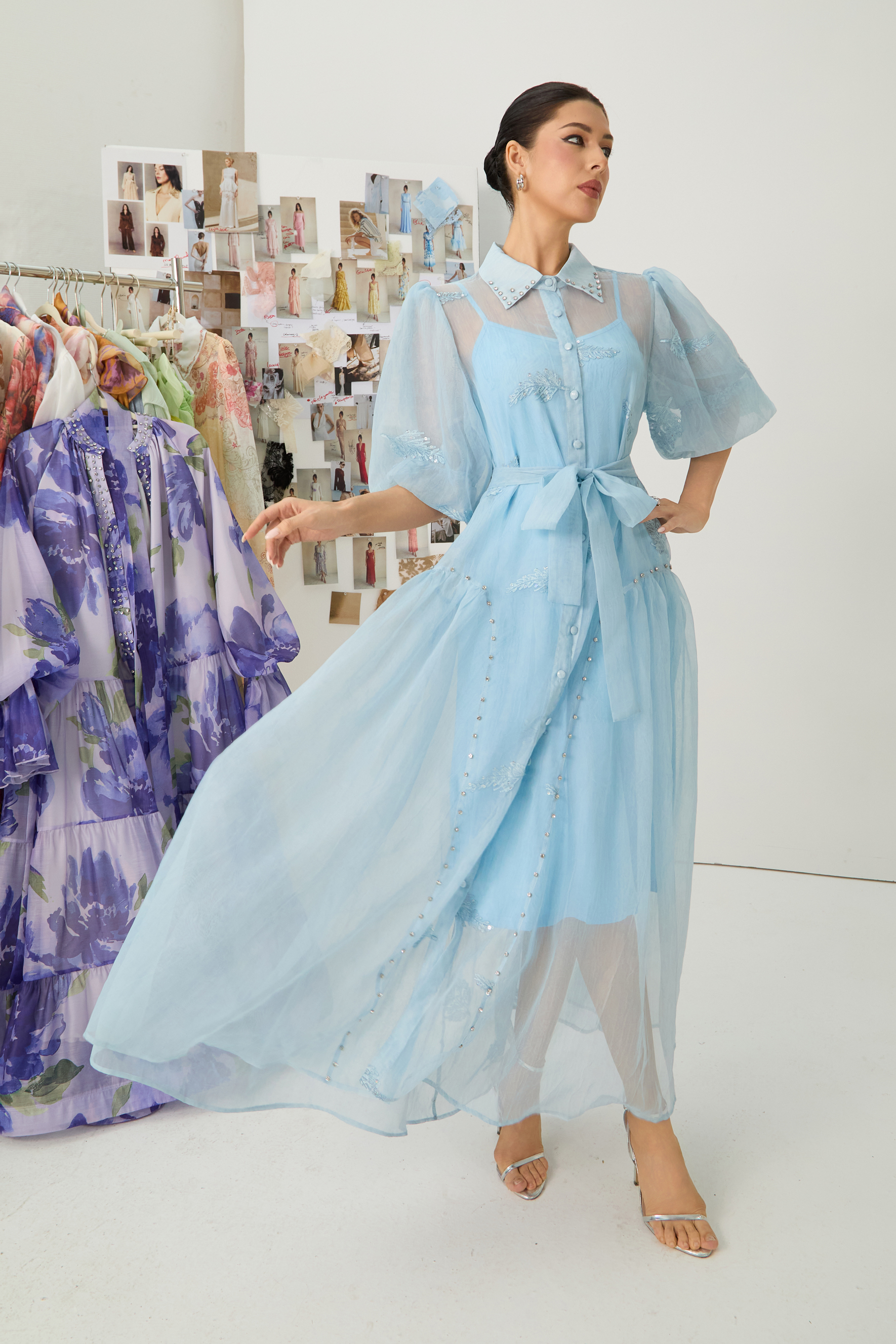 Dreamy Personality Blue Puff Sleeve Embroidered Maxi Dress