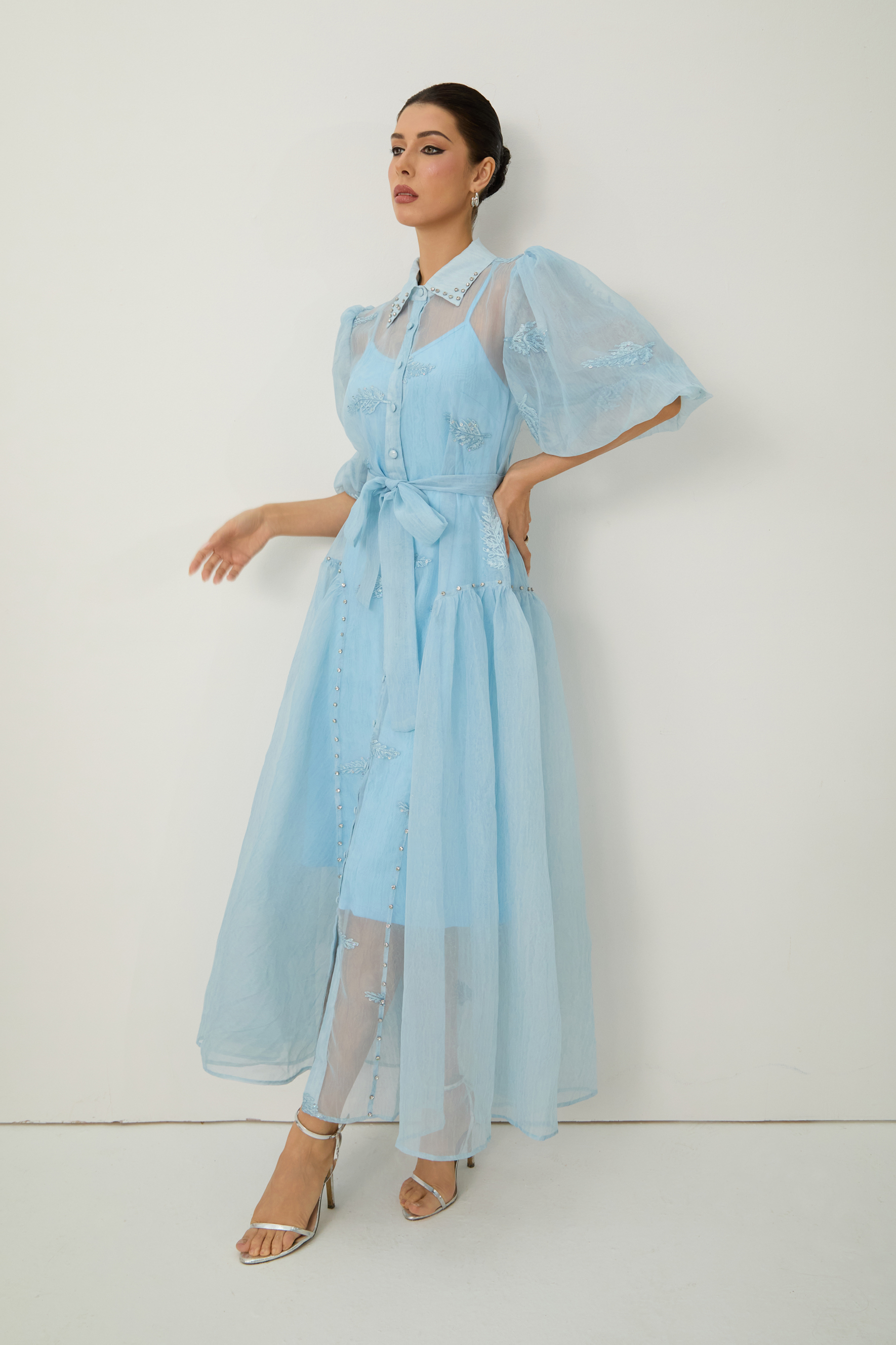 Dreamy Personality Blue Puff Sleeve Embroidered Maxi Dress