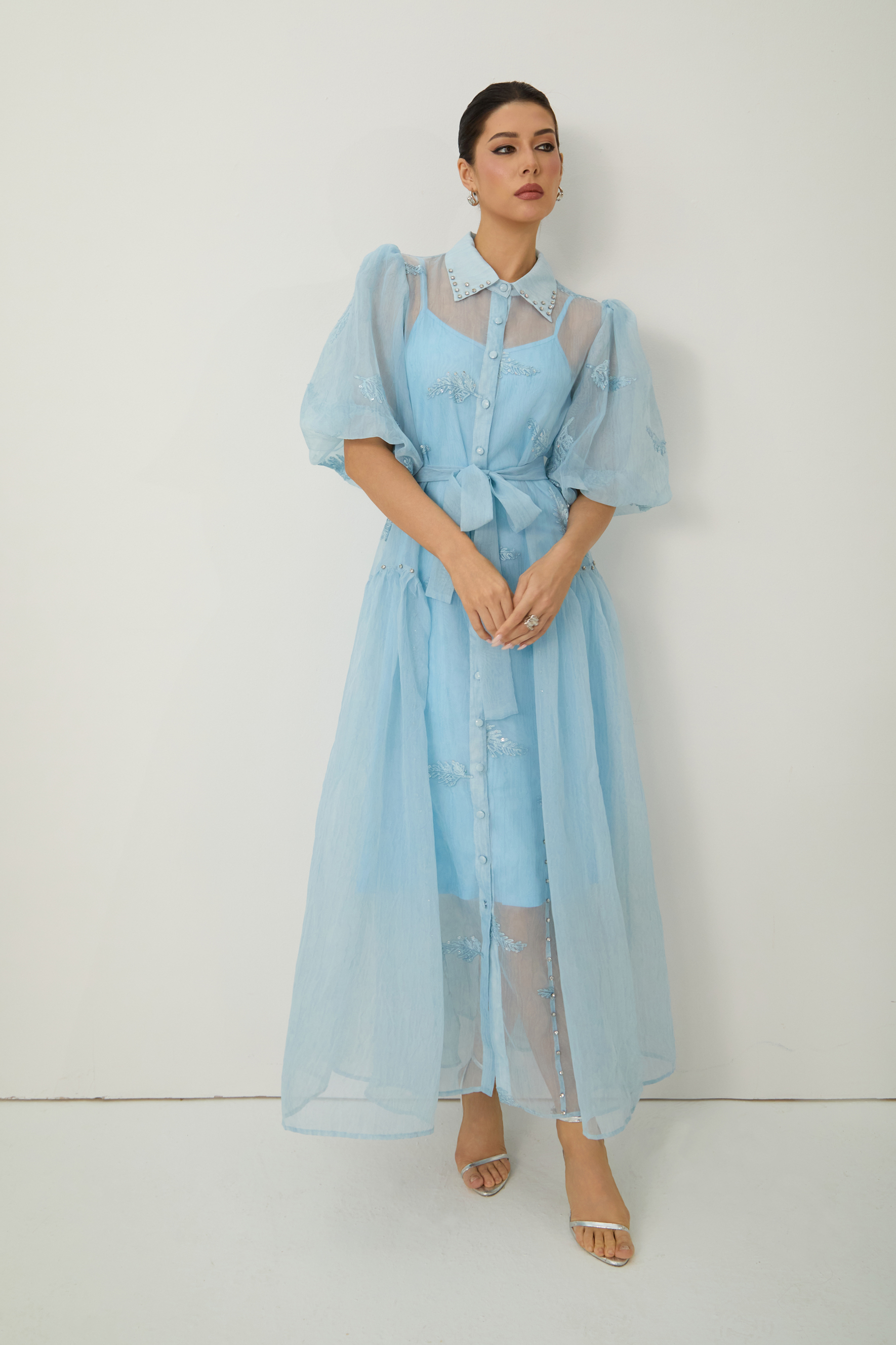 Dreamy Personality Blue Puff Sleeve Embroidered Maxi Dress