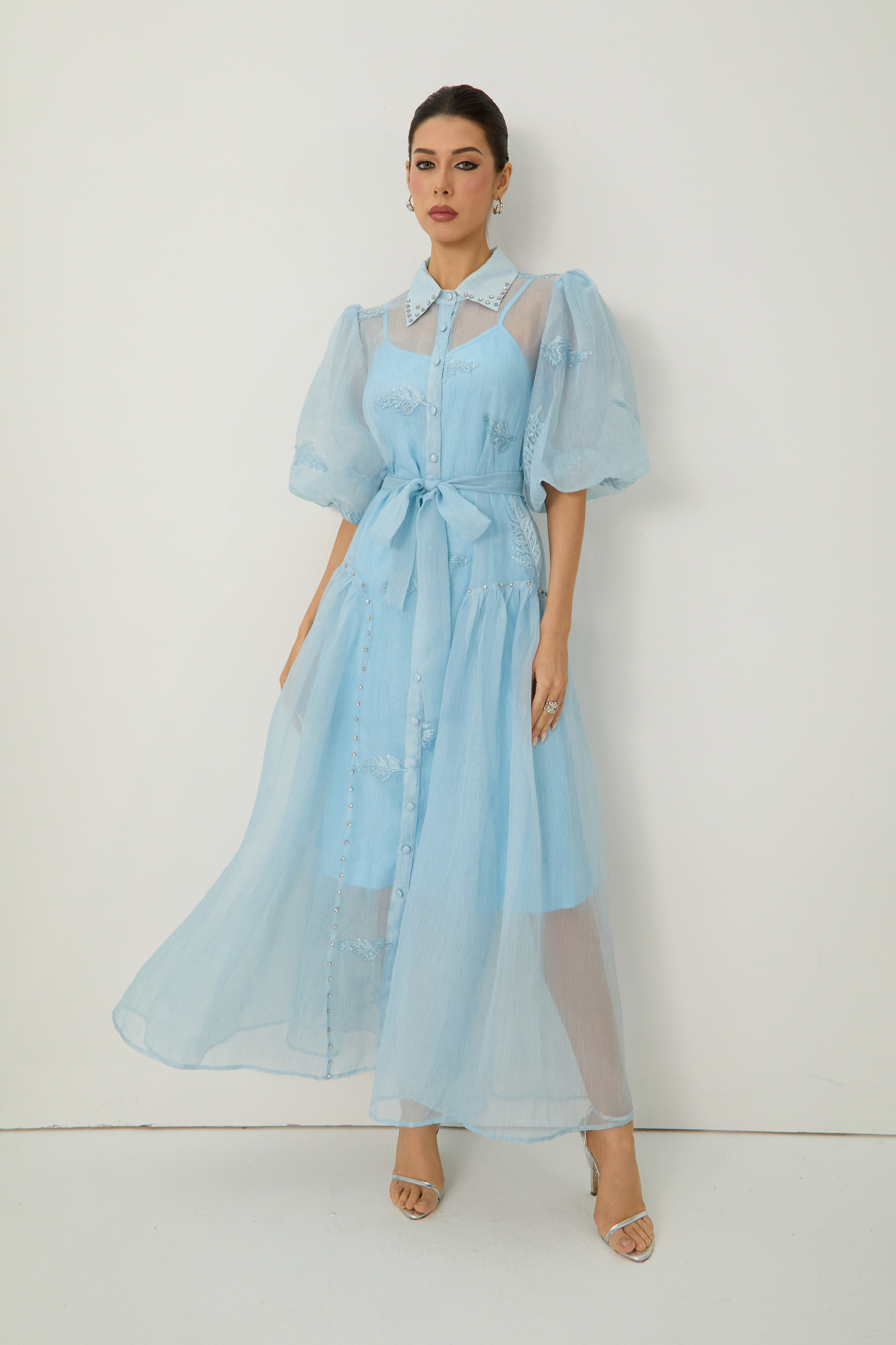 Dreamy Personality Blue Puff Sleeve Embroidered Maxi Dress