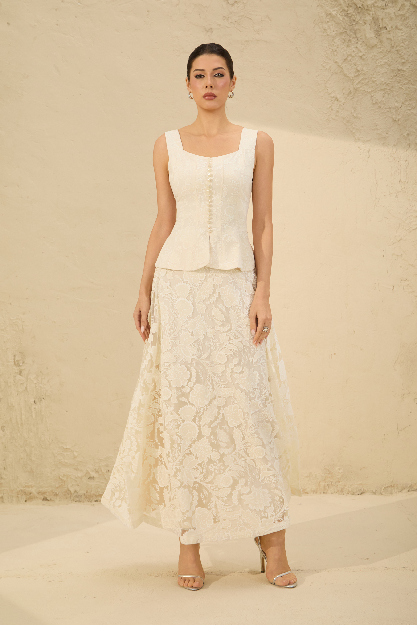 Blossoming with Charm Apricot Lace Embroidered Three Piece Set