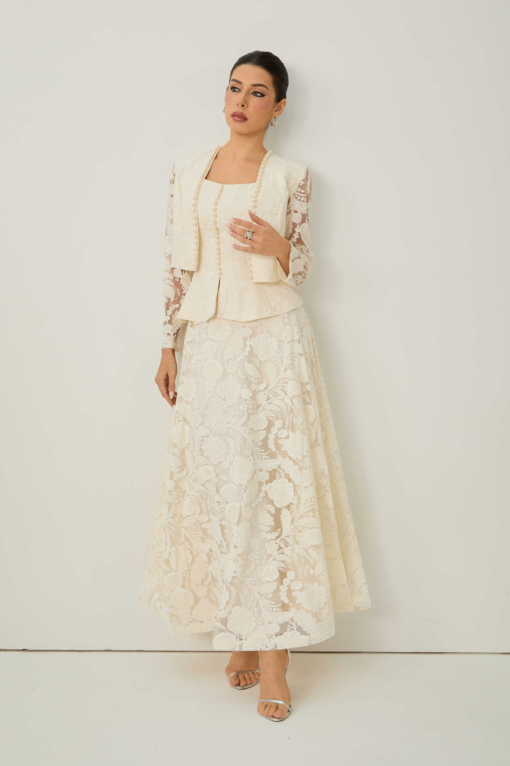 Blossoming with Charm Apricot Lace Embroidered Three Piece Set