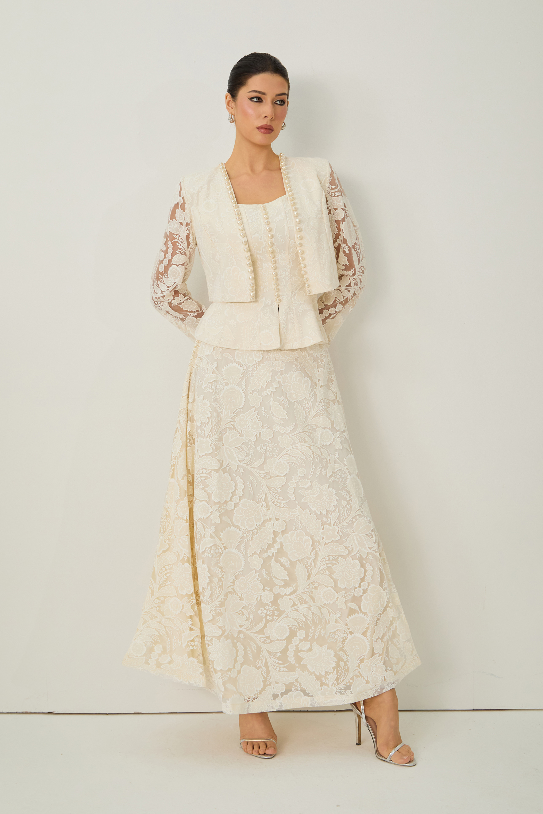 Blossoming with Charm Apricot Lace Embroidered Three Piece Set